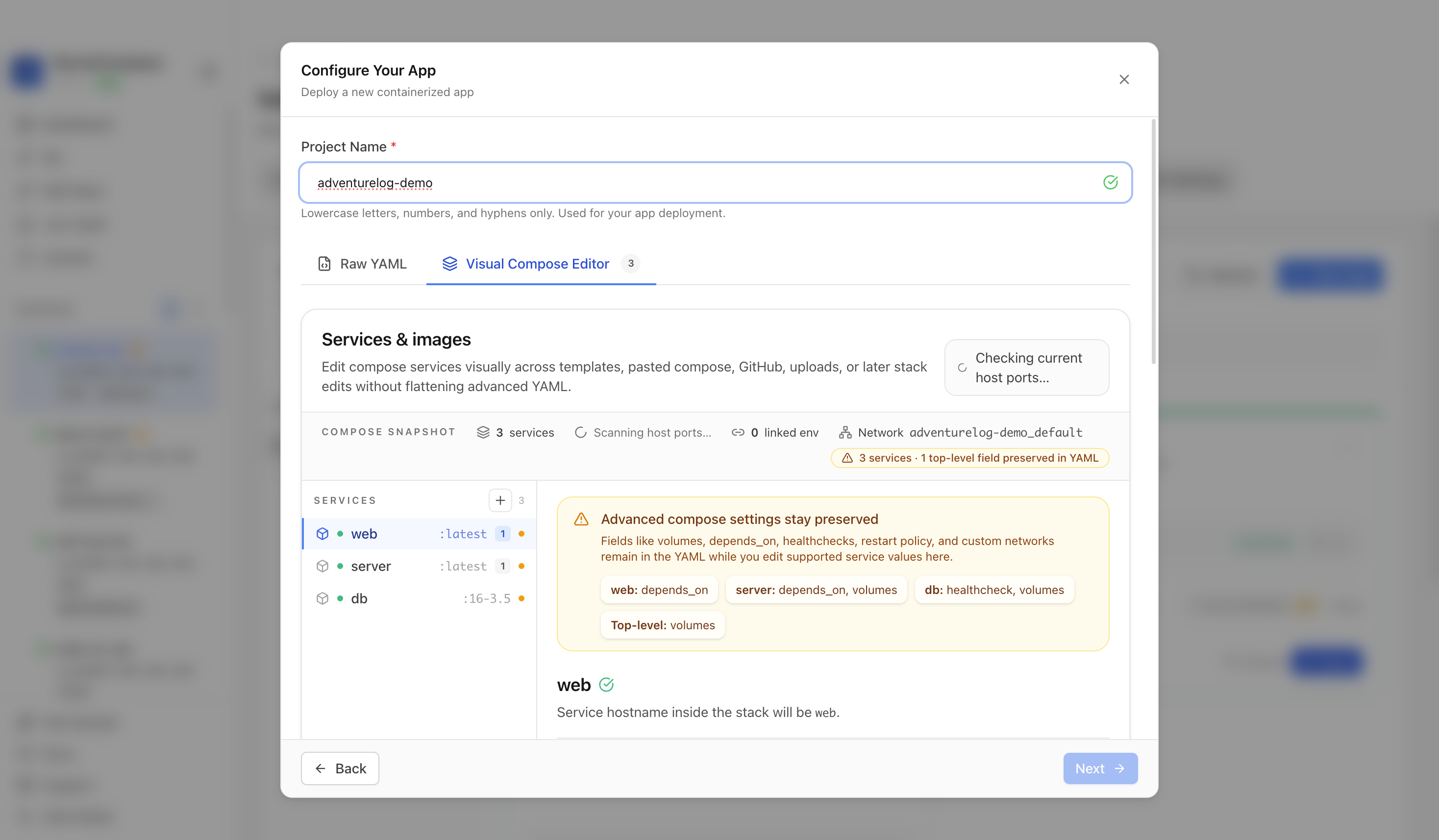 Reviewing AdventureLog project settings and compose service