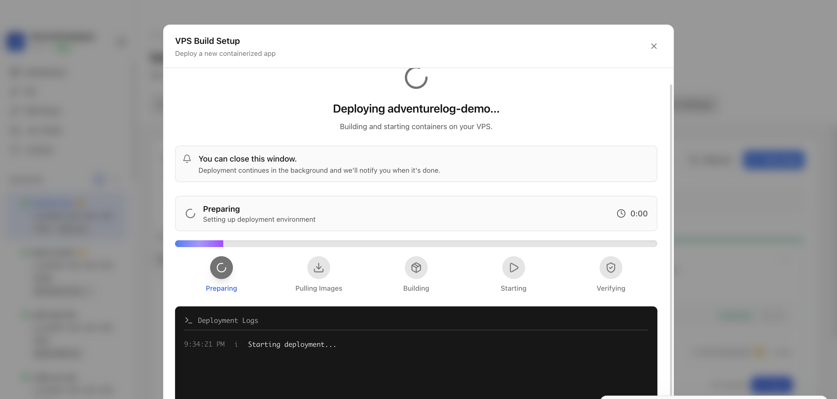 Server Compass deploying the AdventureLog template on the VPS