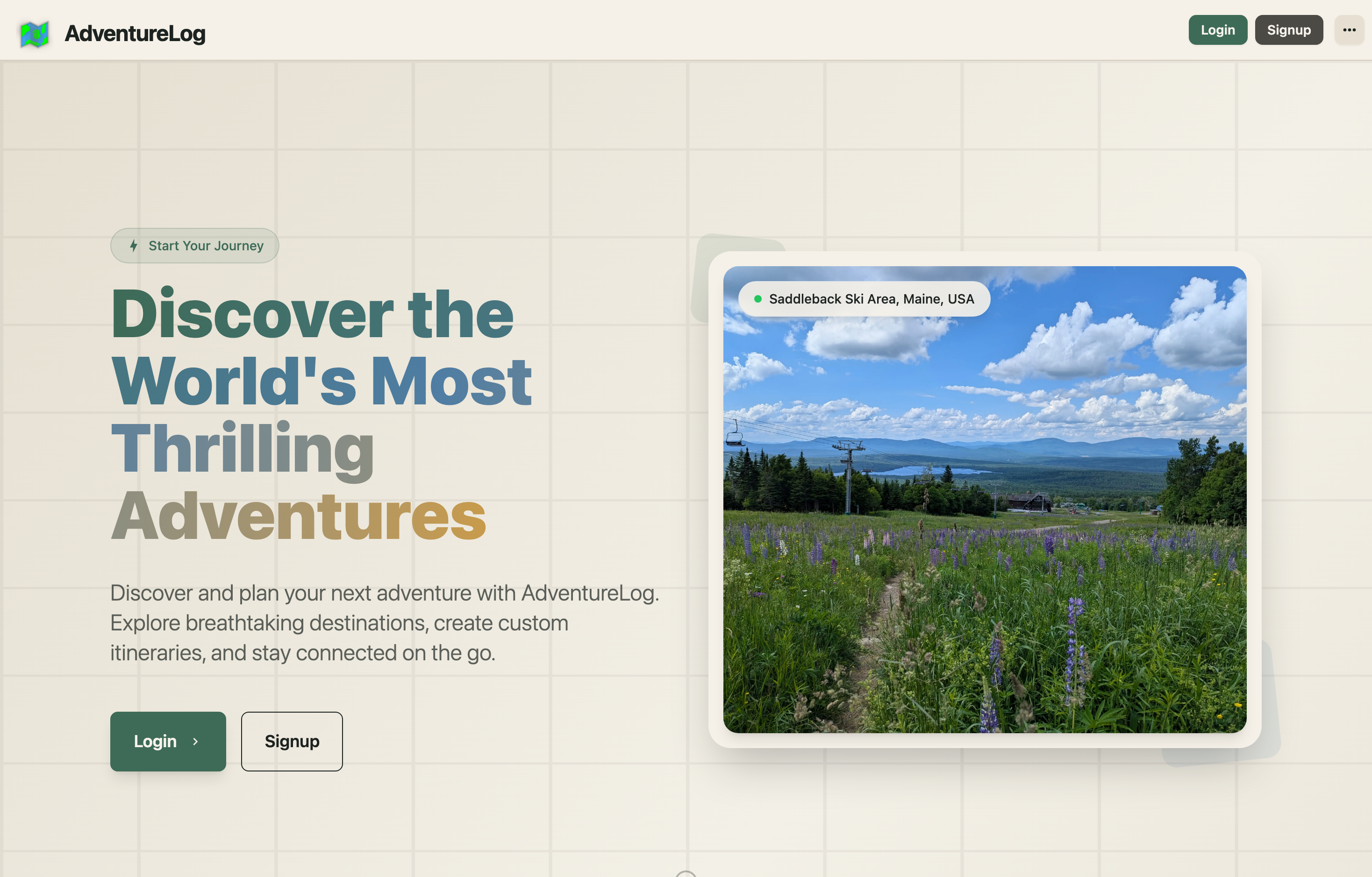 The deployed AdventureLog web UI loaded in a browser