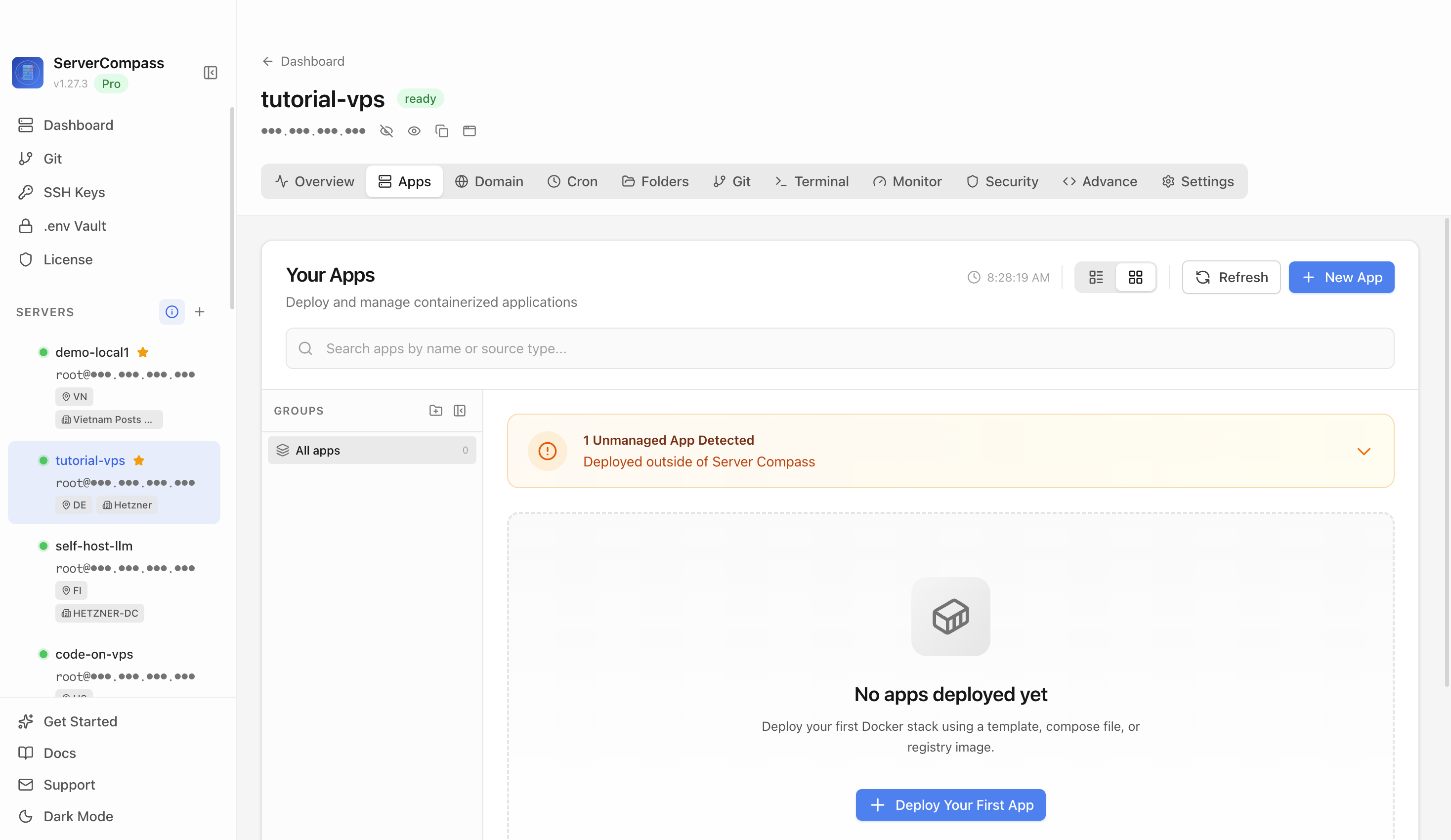 Server Compass Apps tab before creating a Affine app