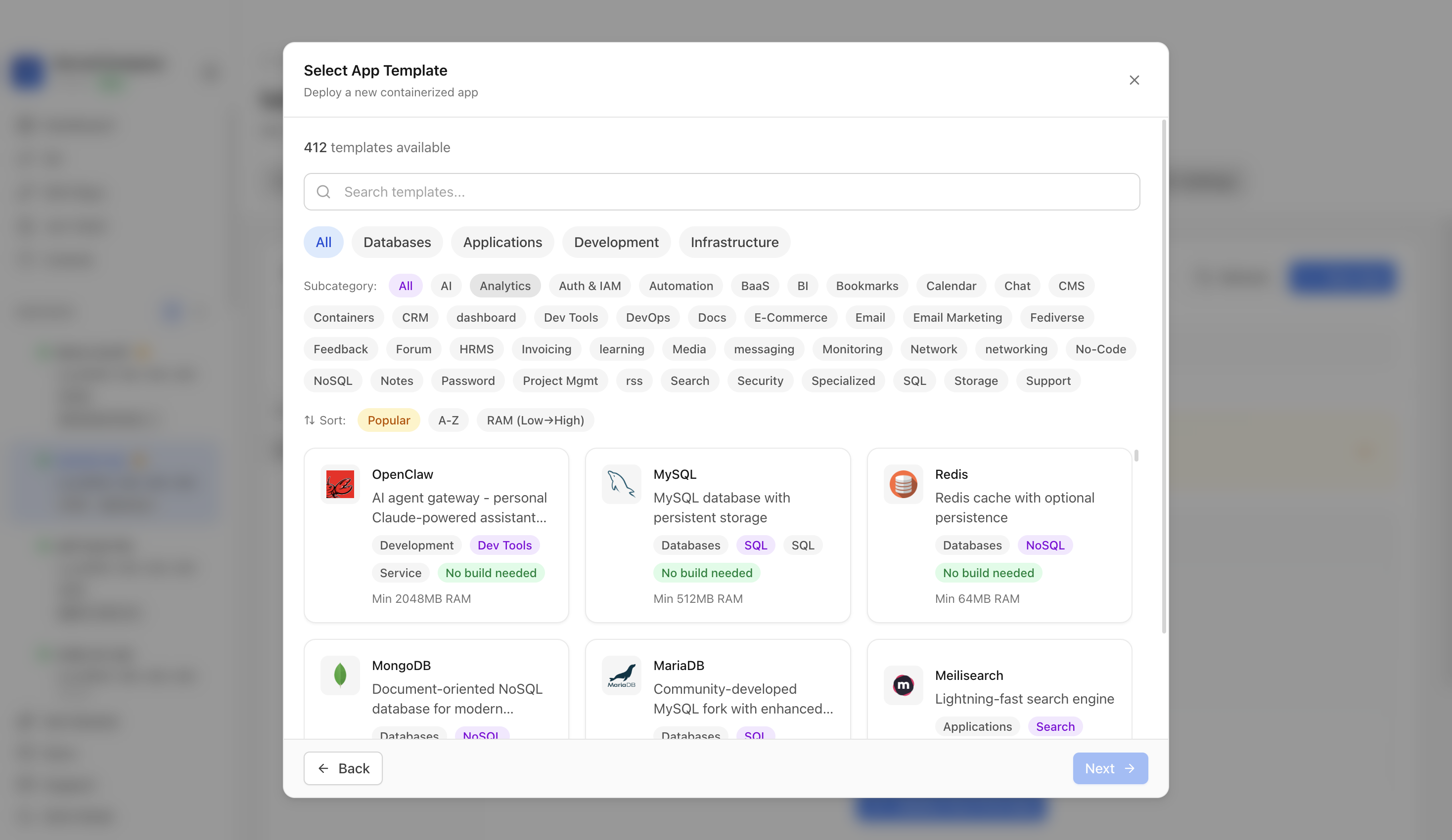 Choosing to deploy an app from a Server Compass template