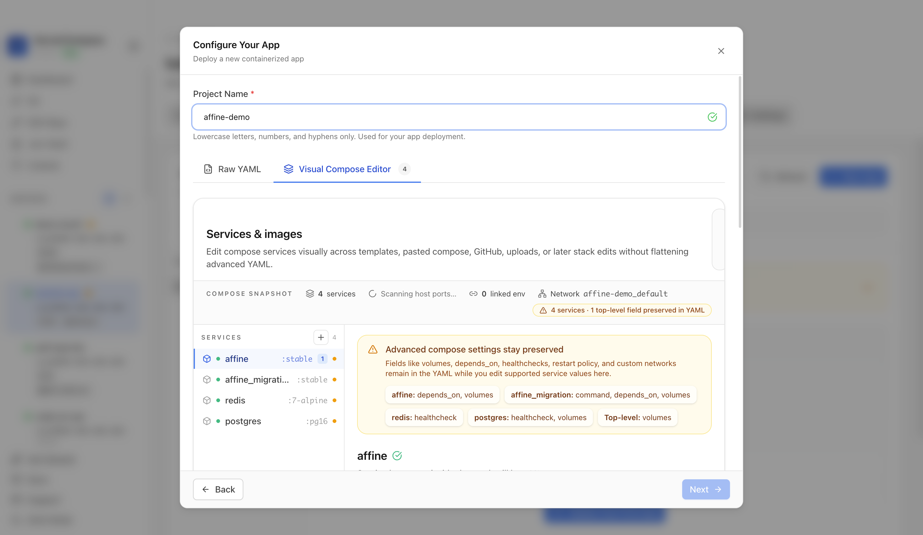 Reviewing Affine project settings and compose services