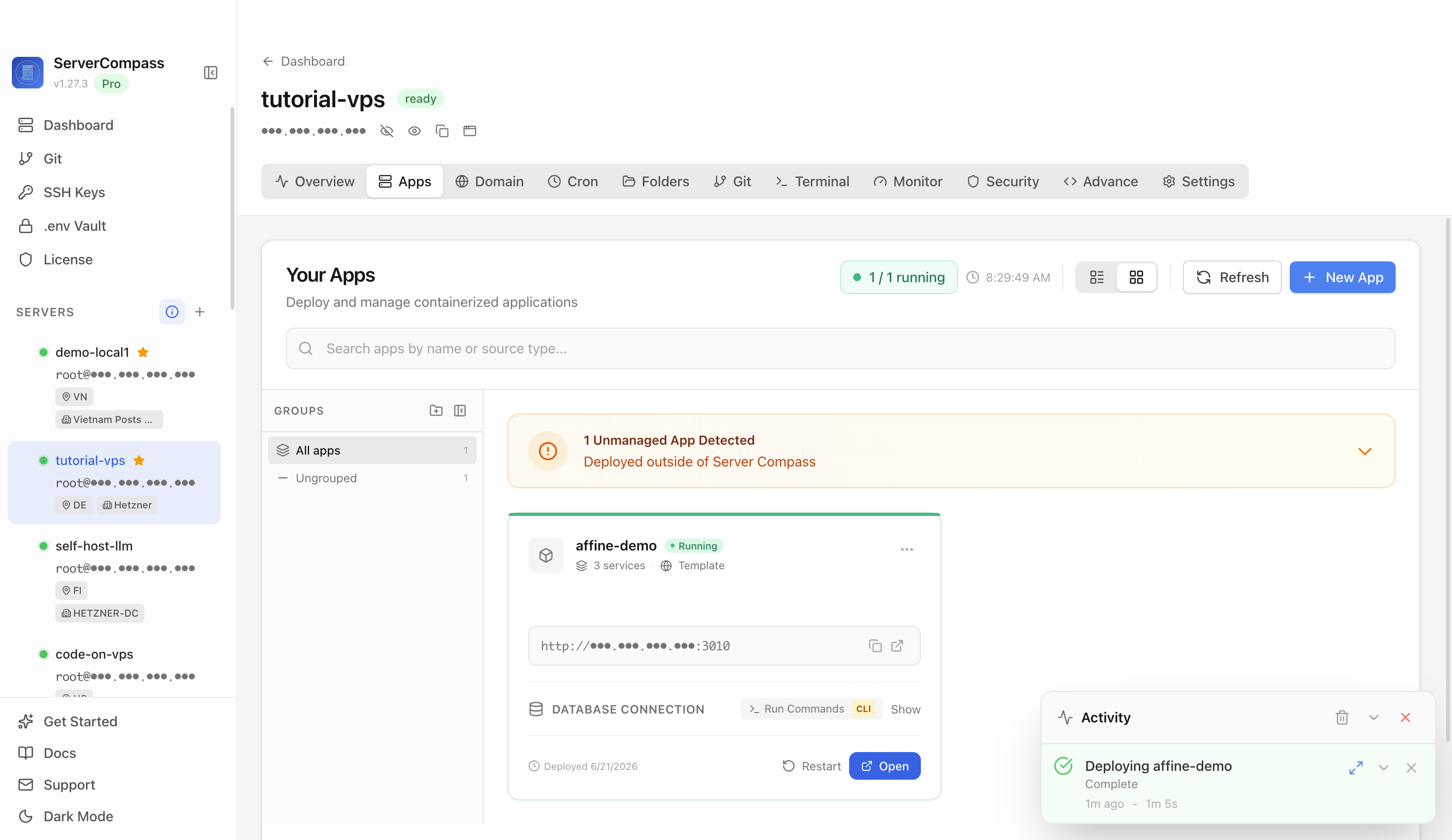 Affine template running in the Server Compass Apps tab