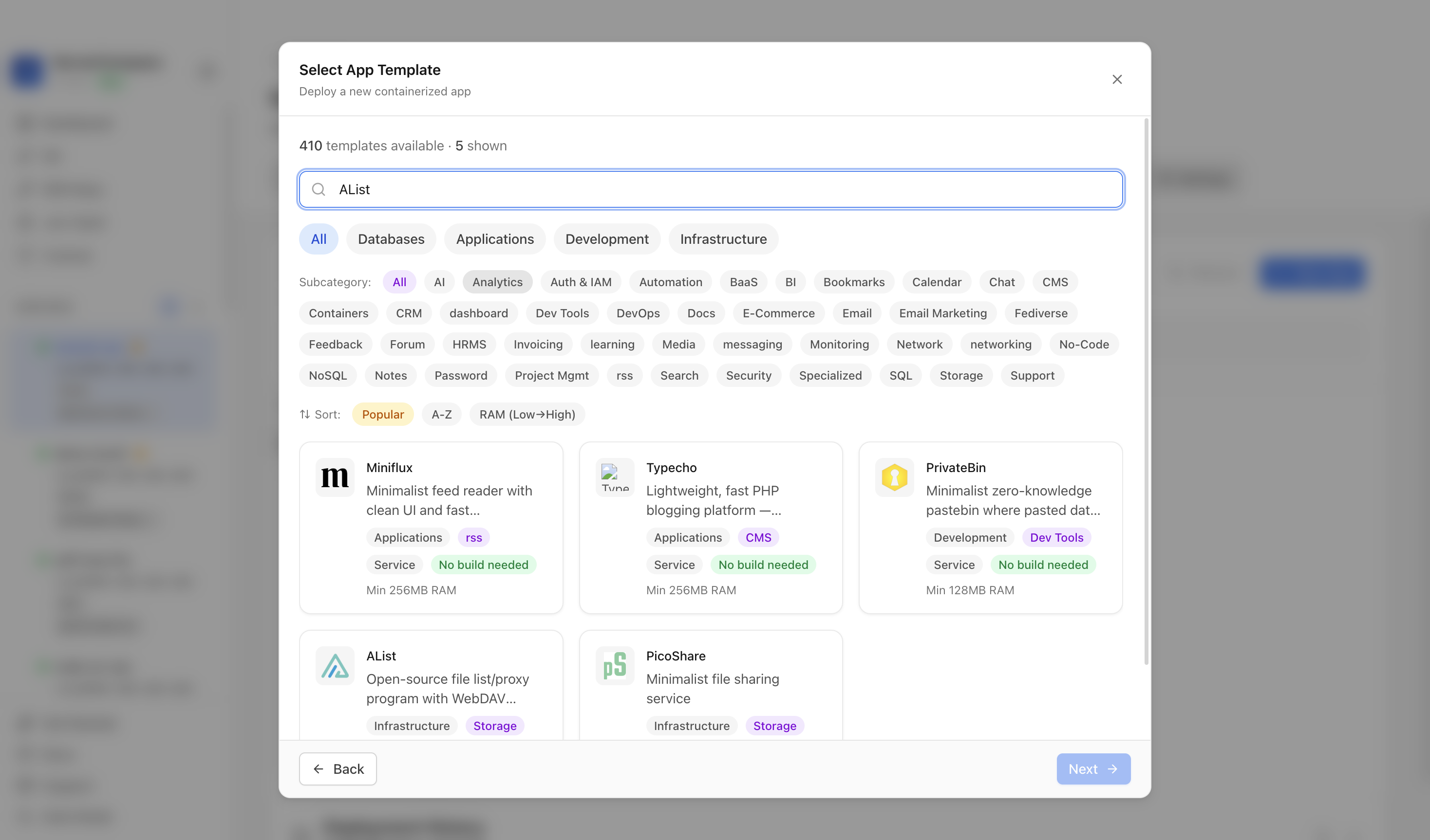 Searching for AList in the Server Compass template picker