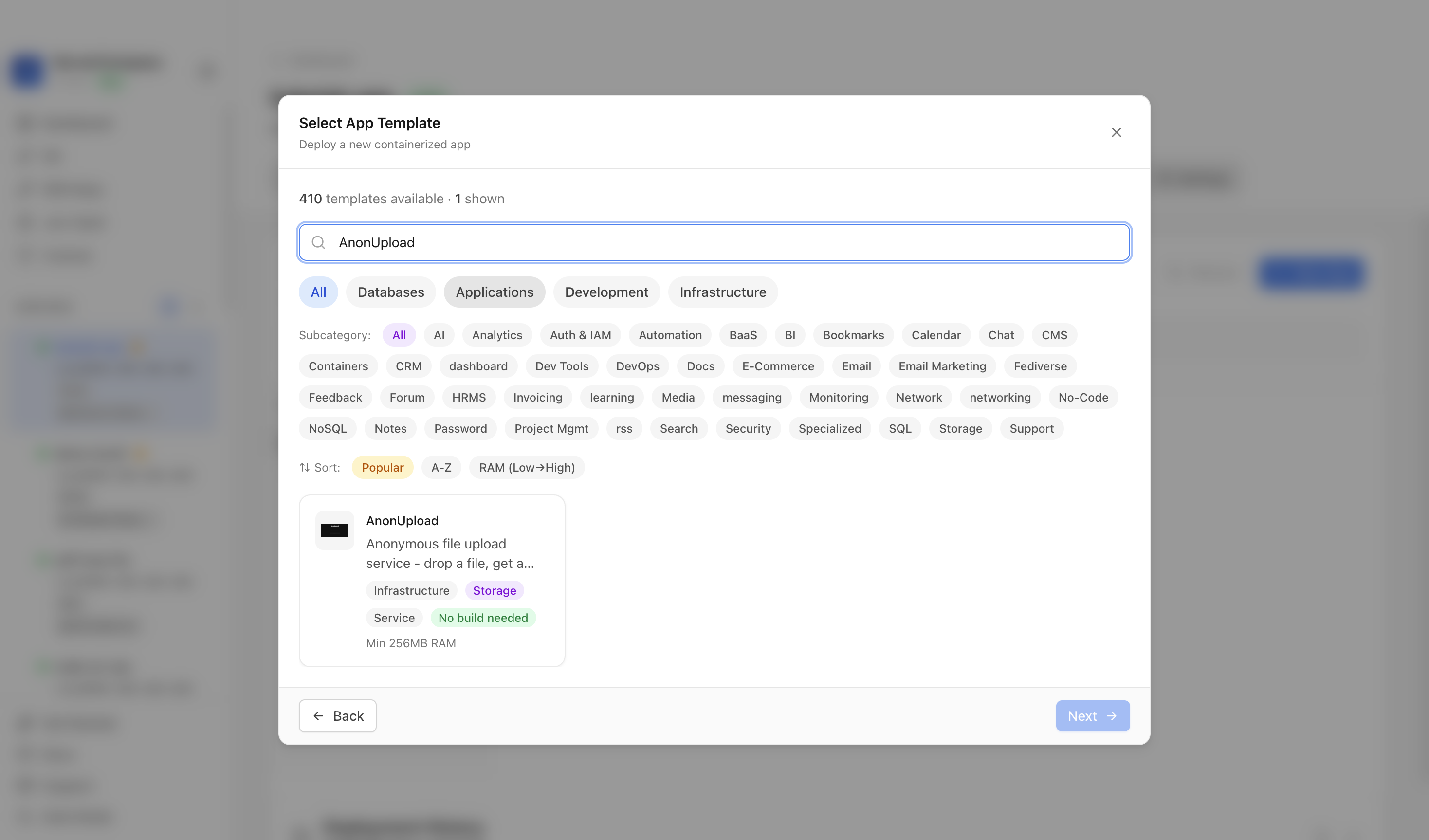 Searching for AnonUpload in the Server Compass template picker