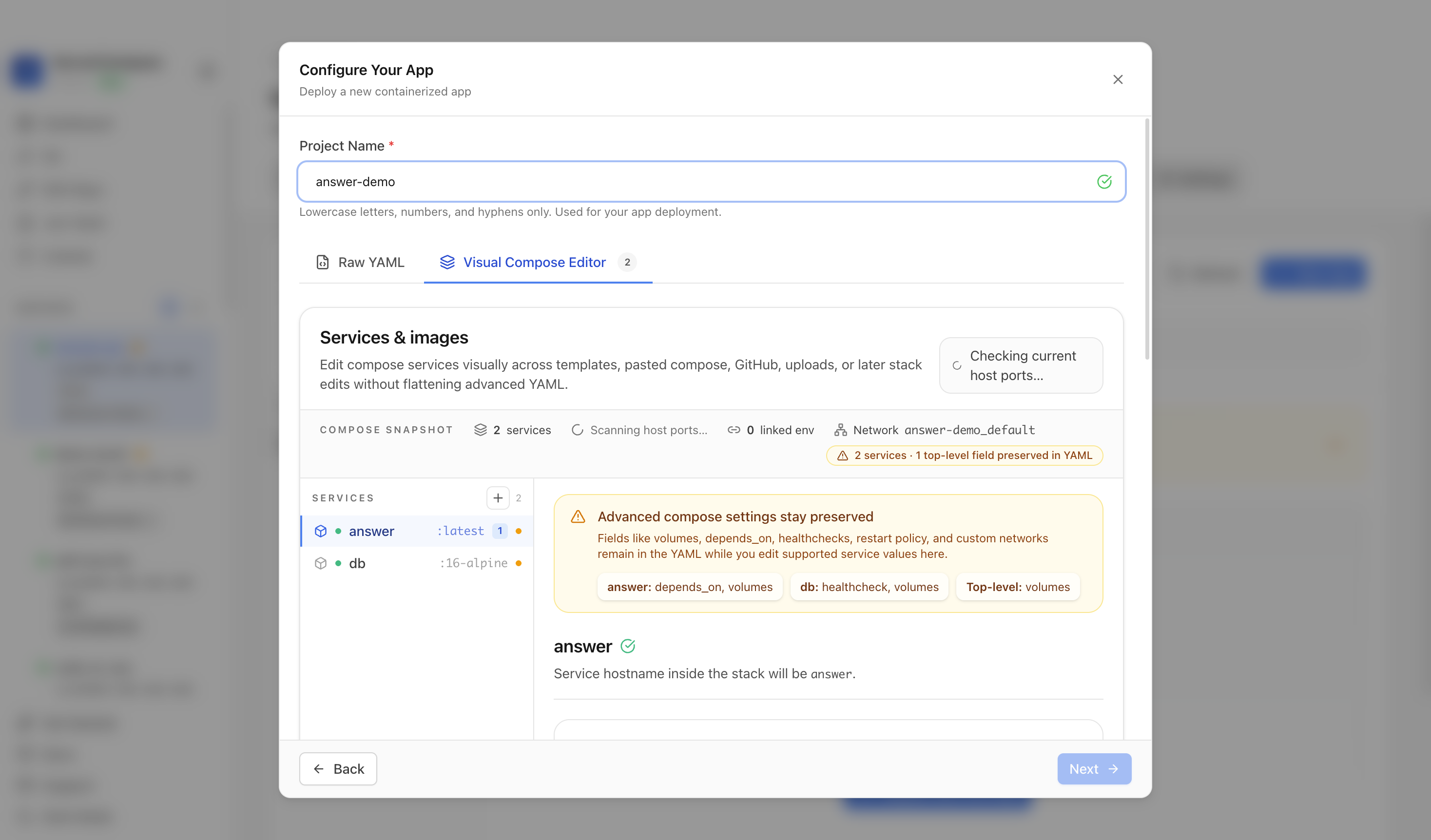 Reviewing Answer project settings and compose services