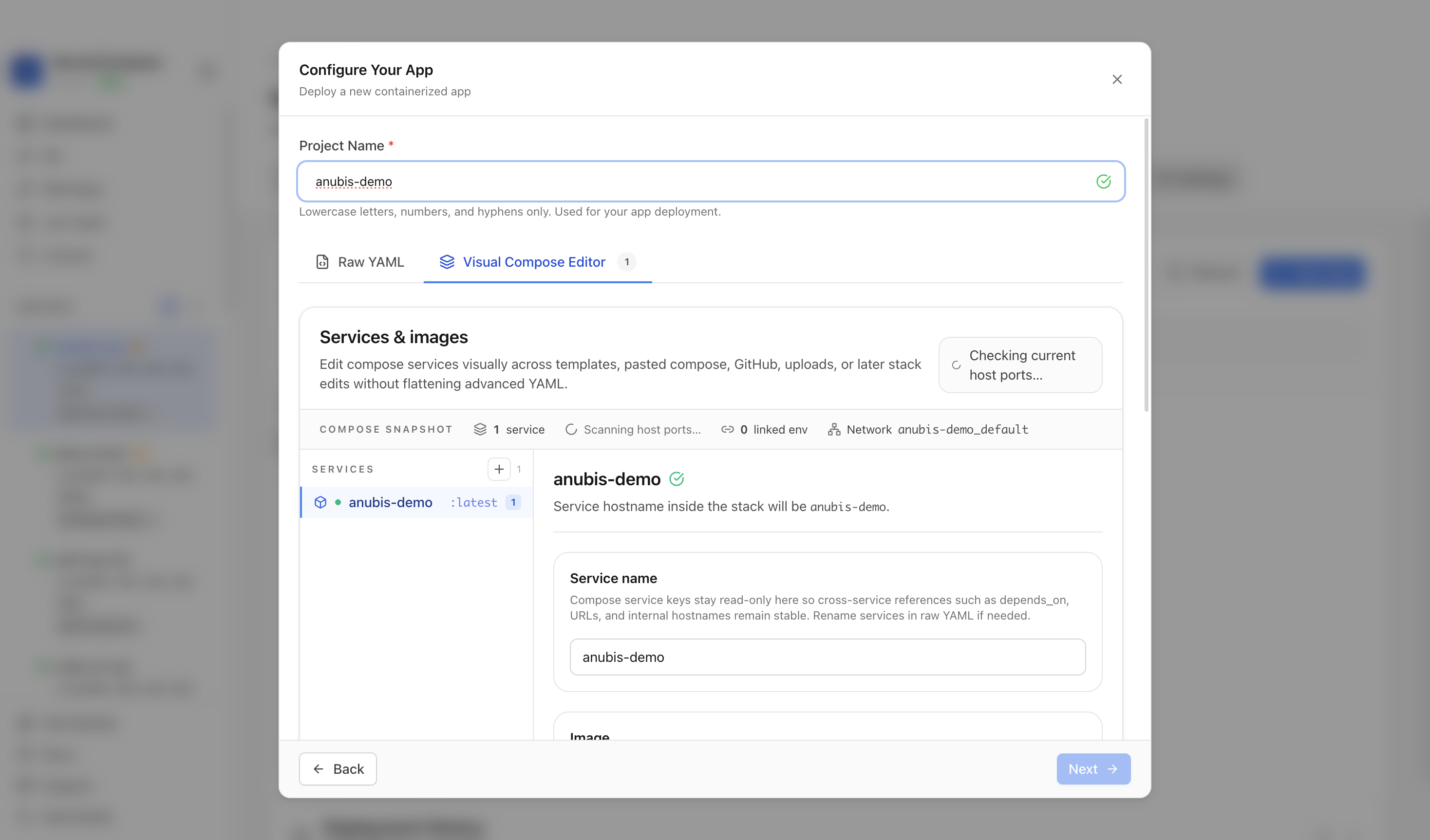 Reviewing Anubis project settings and compose service