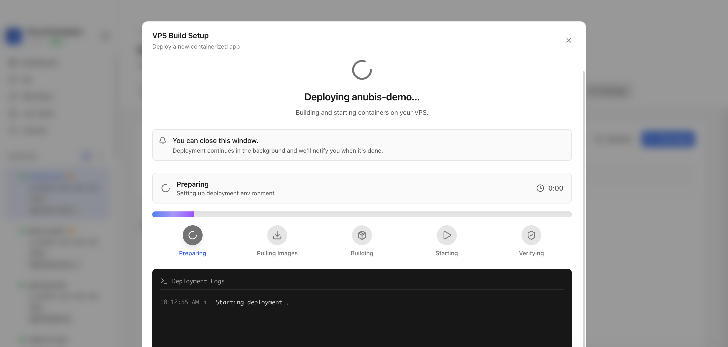 Server Compass deploying the Anubis template on the VPS