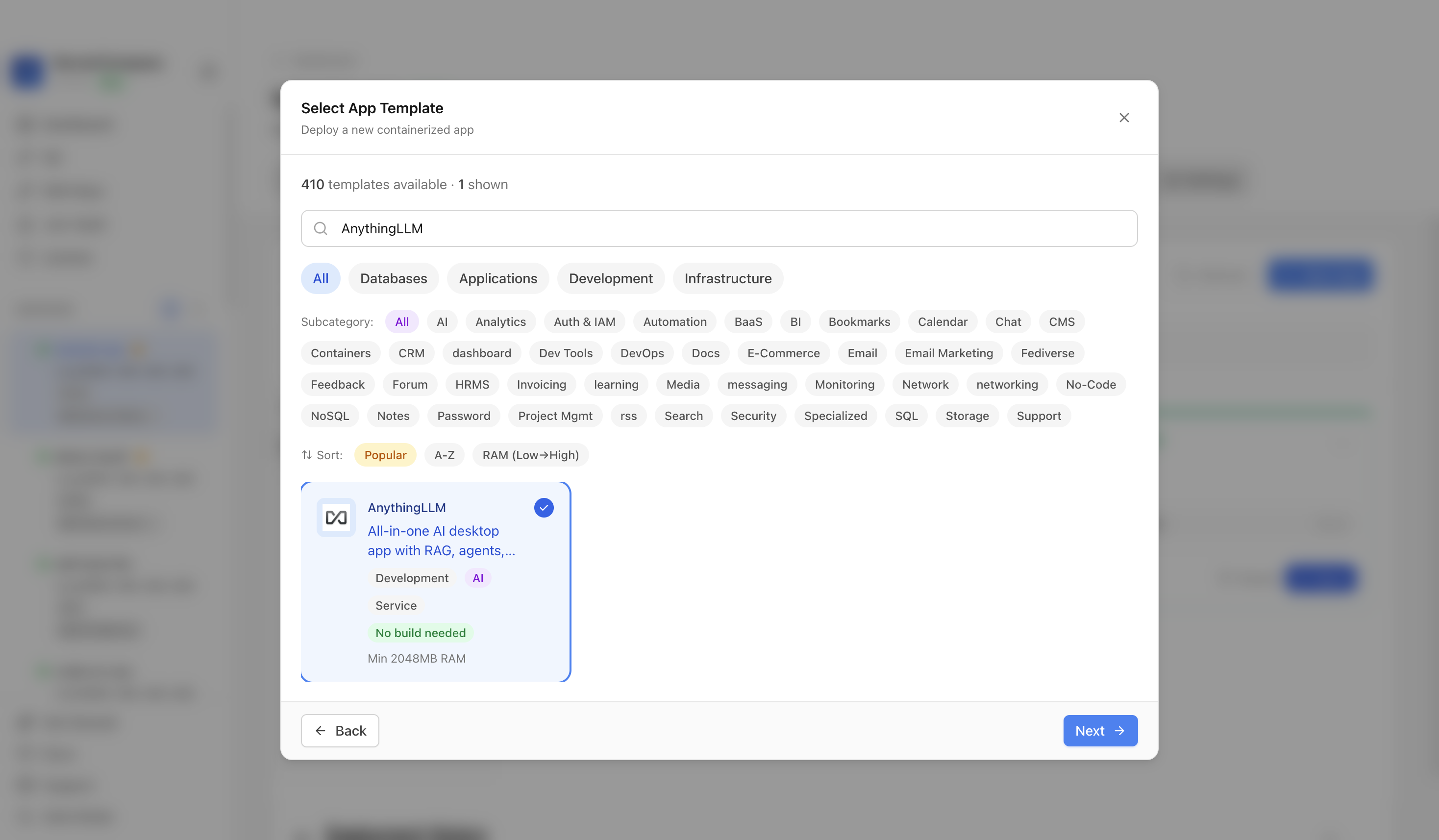 AnythingLLM template selected in Server Compass