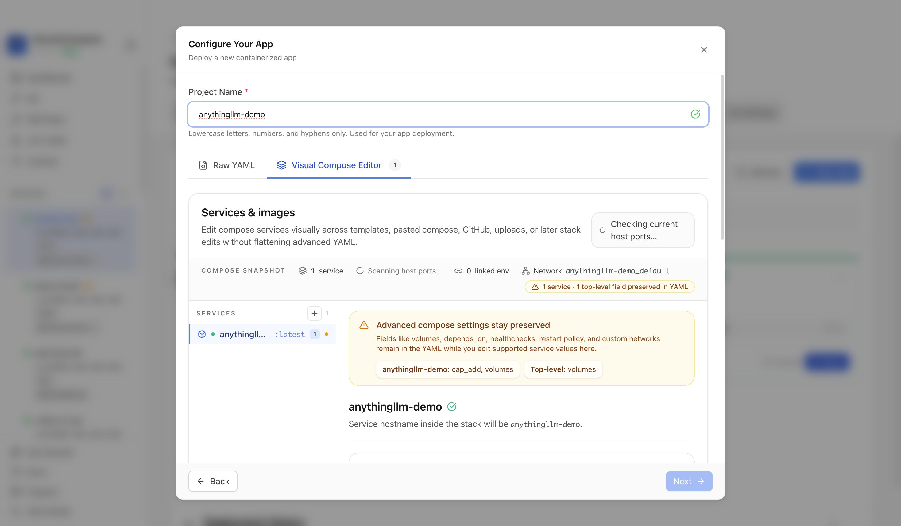 Reviewing AnythingLLM project settings and compose services