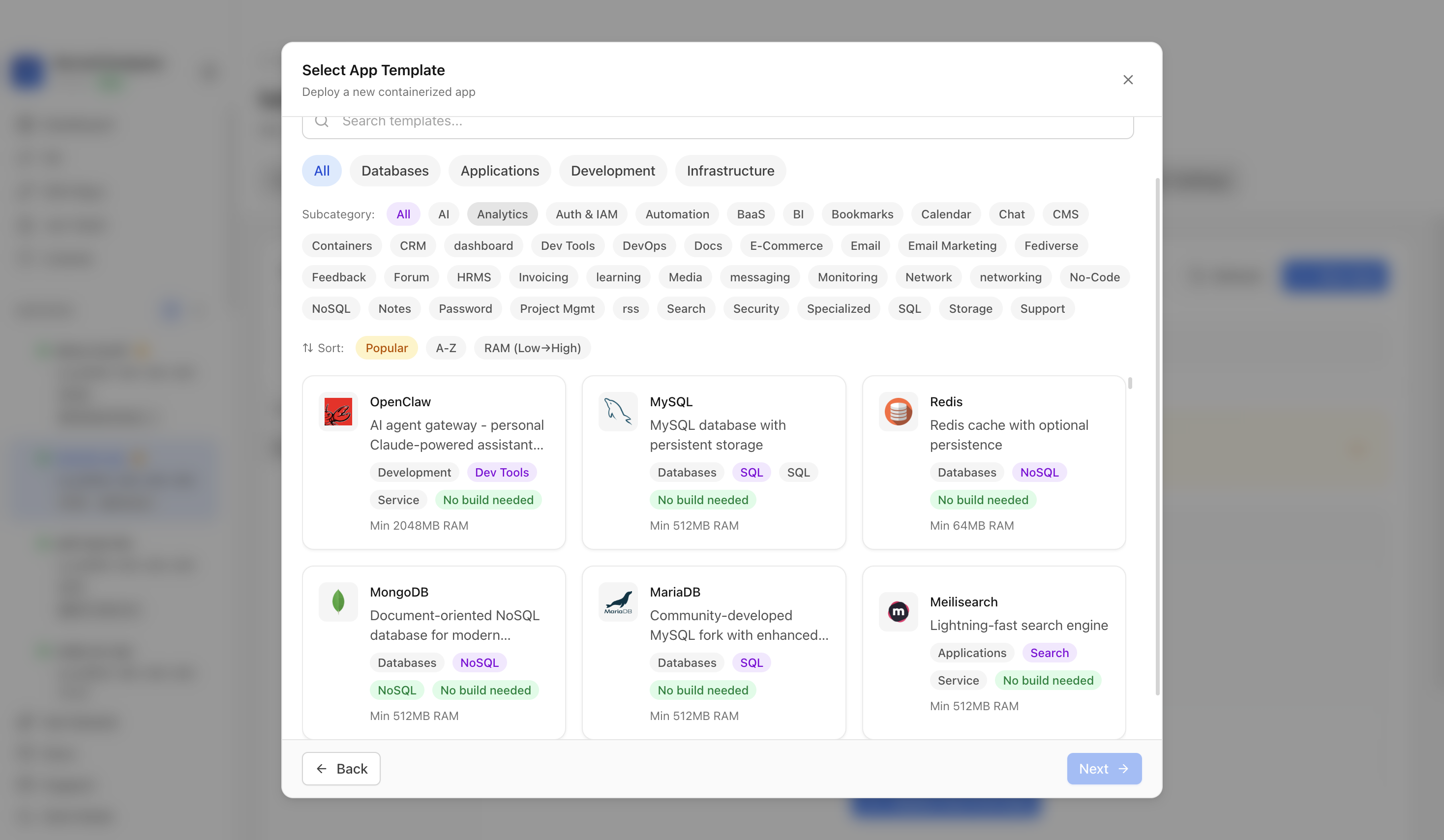 Choosing to deploy an app from a Server Compass template