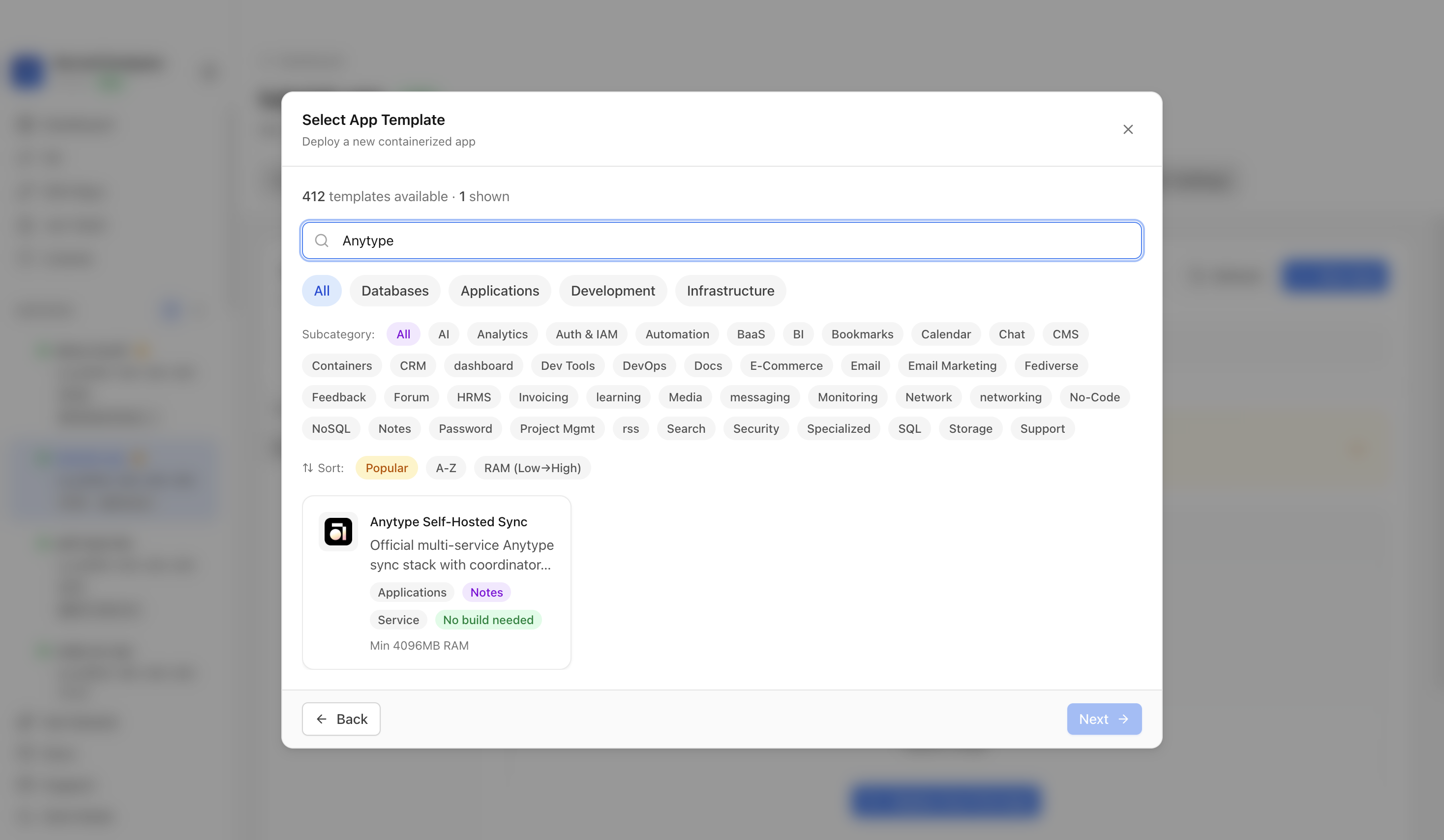 Searching for Anytype Self-Hosted Sync in the Server Compass template picker