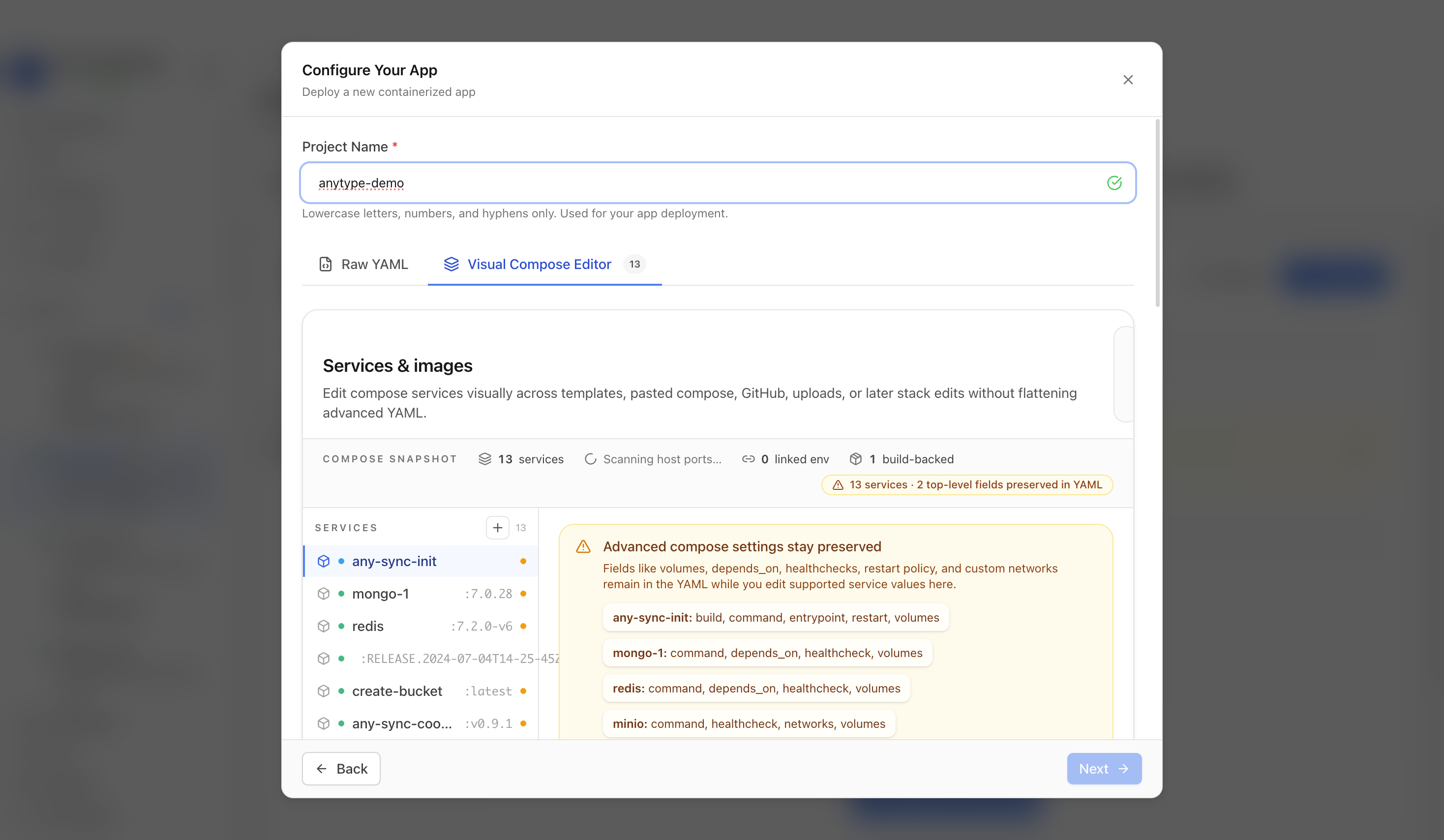 Reviewing Anytype sync project settings and compose services