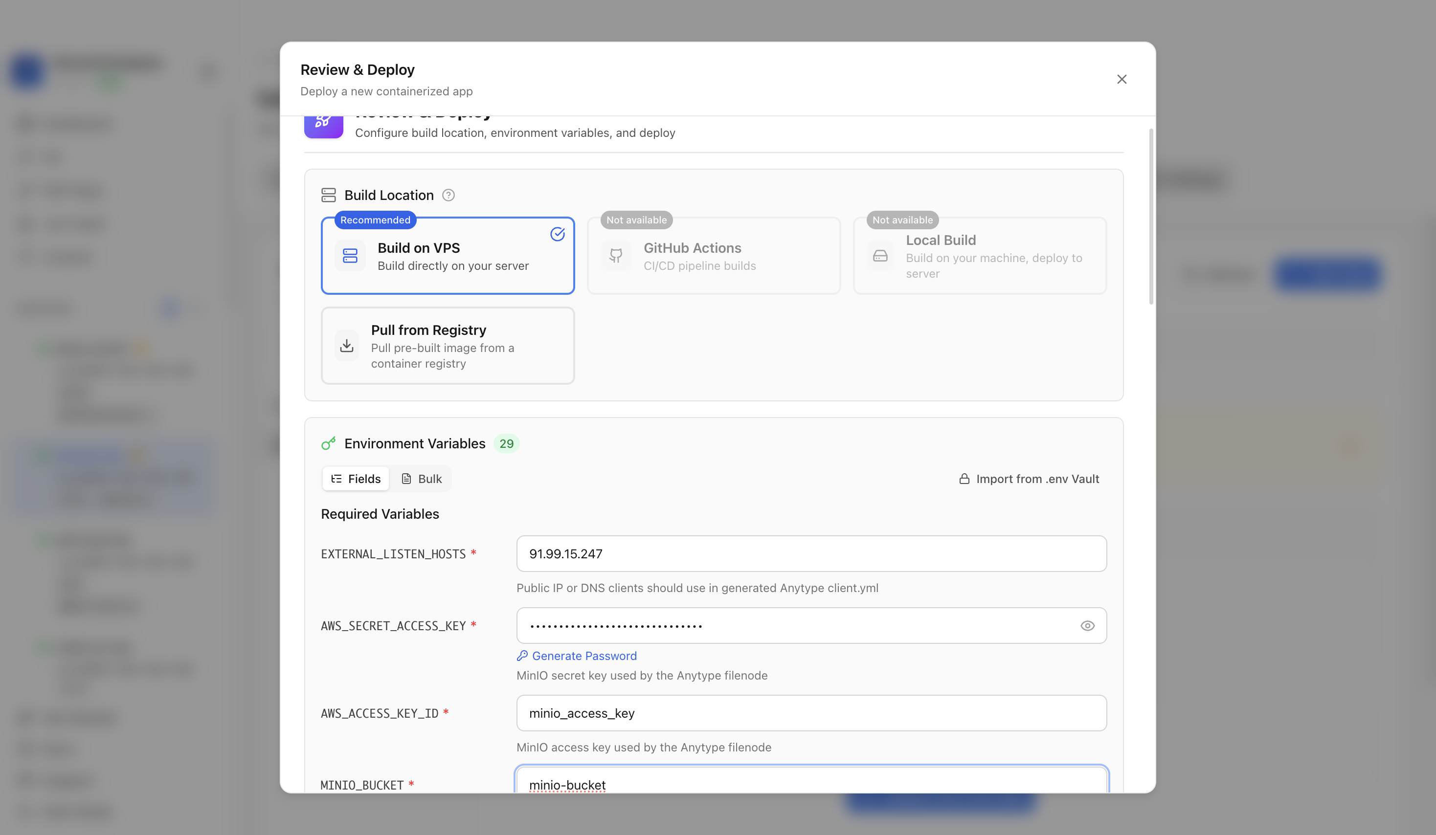 Reviewing Anytype sync environment values and ports before deployment