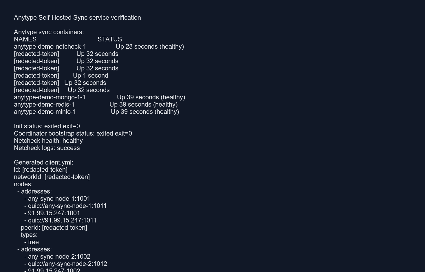 Anytype sync service verification output from logs and generated client config