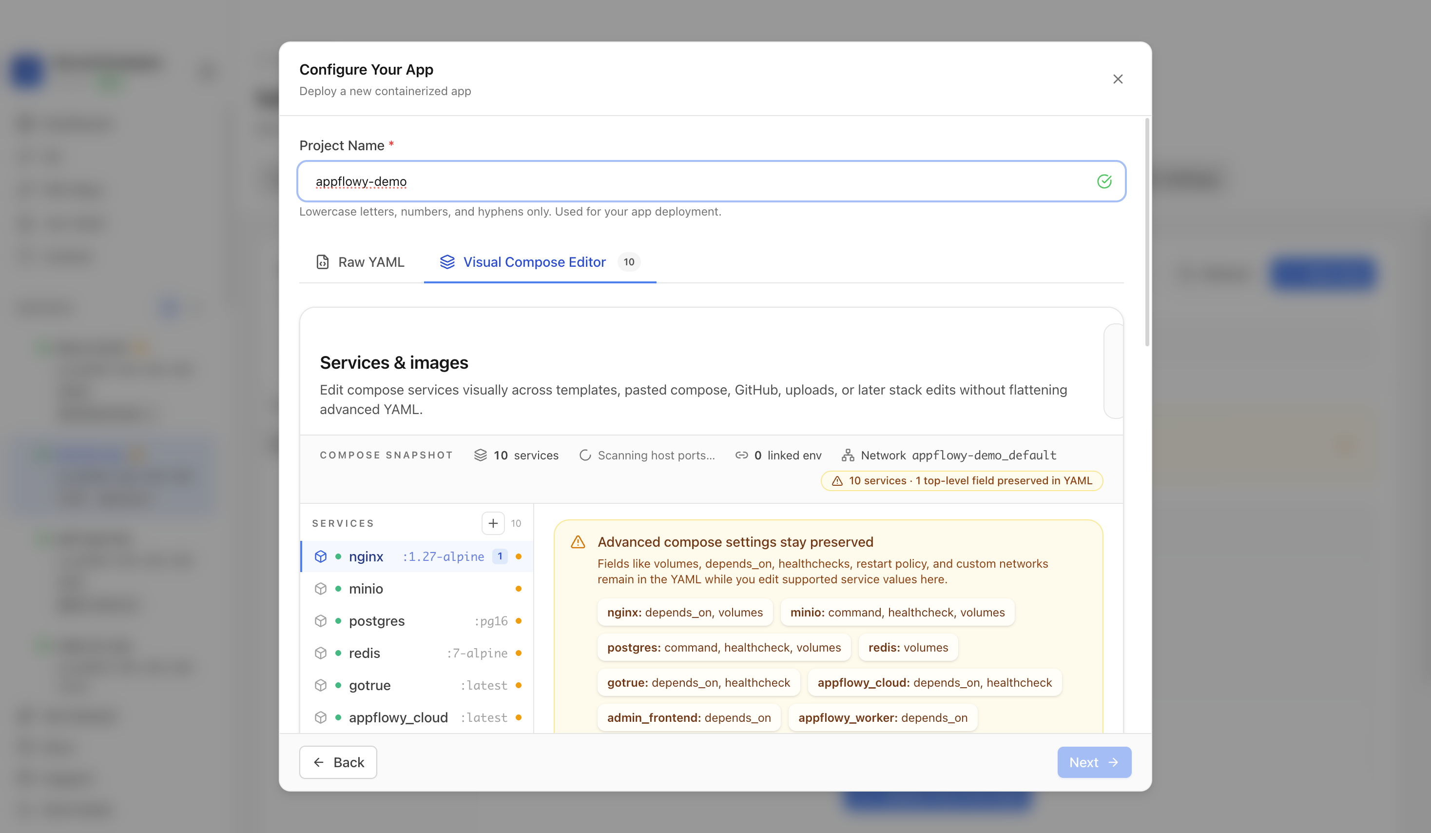 Reviewing AppFlowy project settings and compose services