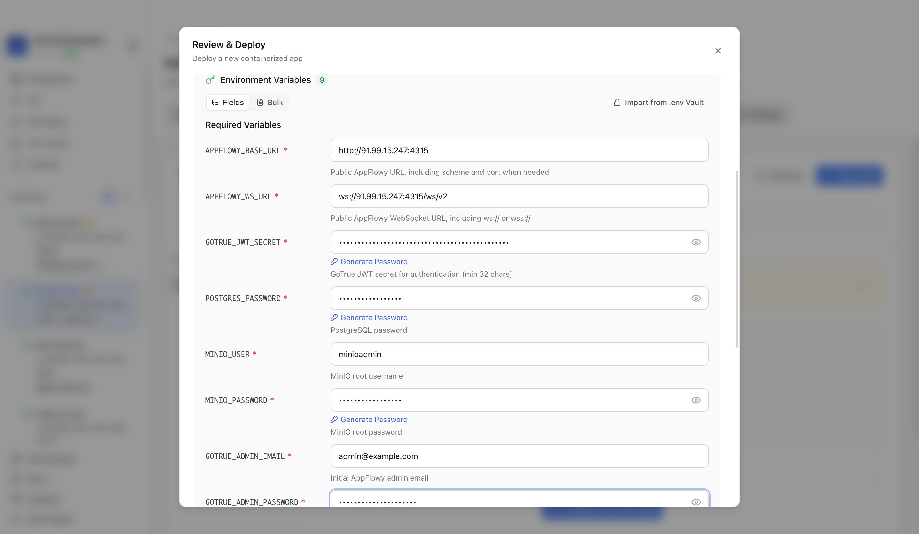 Reviewing AppFlowy environment variables and port before deployment