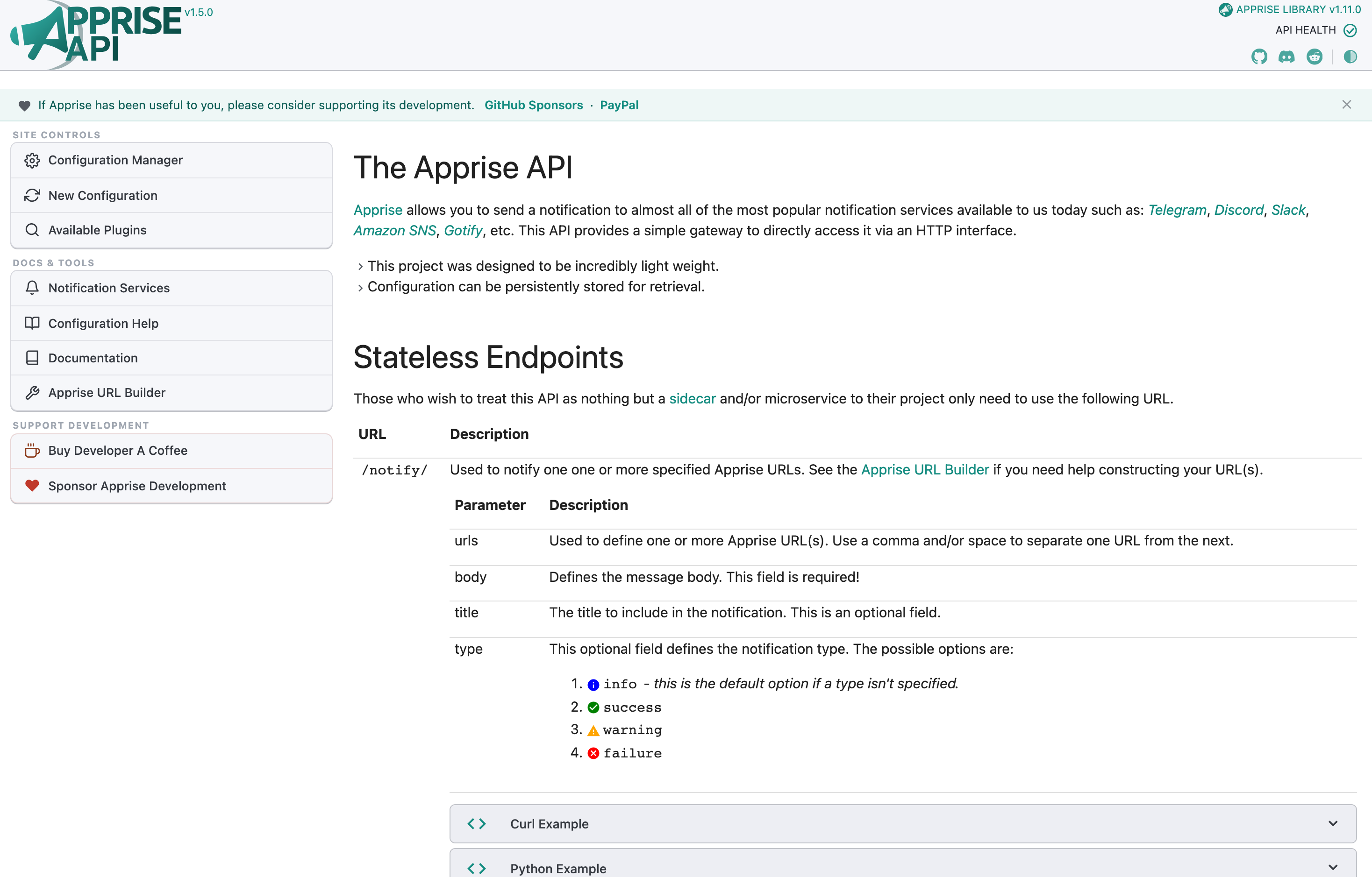The deployed Apprise API web endpoint loaded in a browser