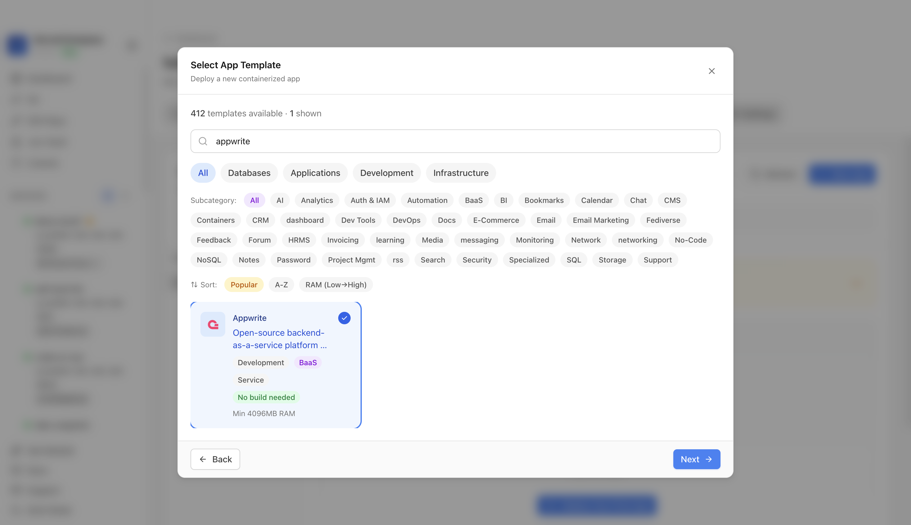 Appwrite template selected in Server Compass