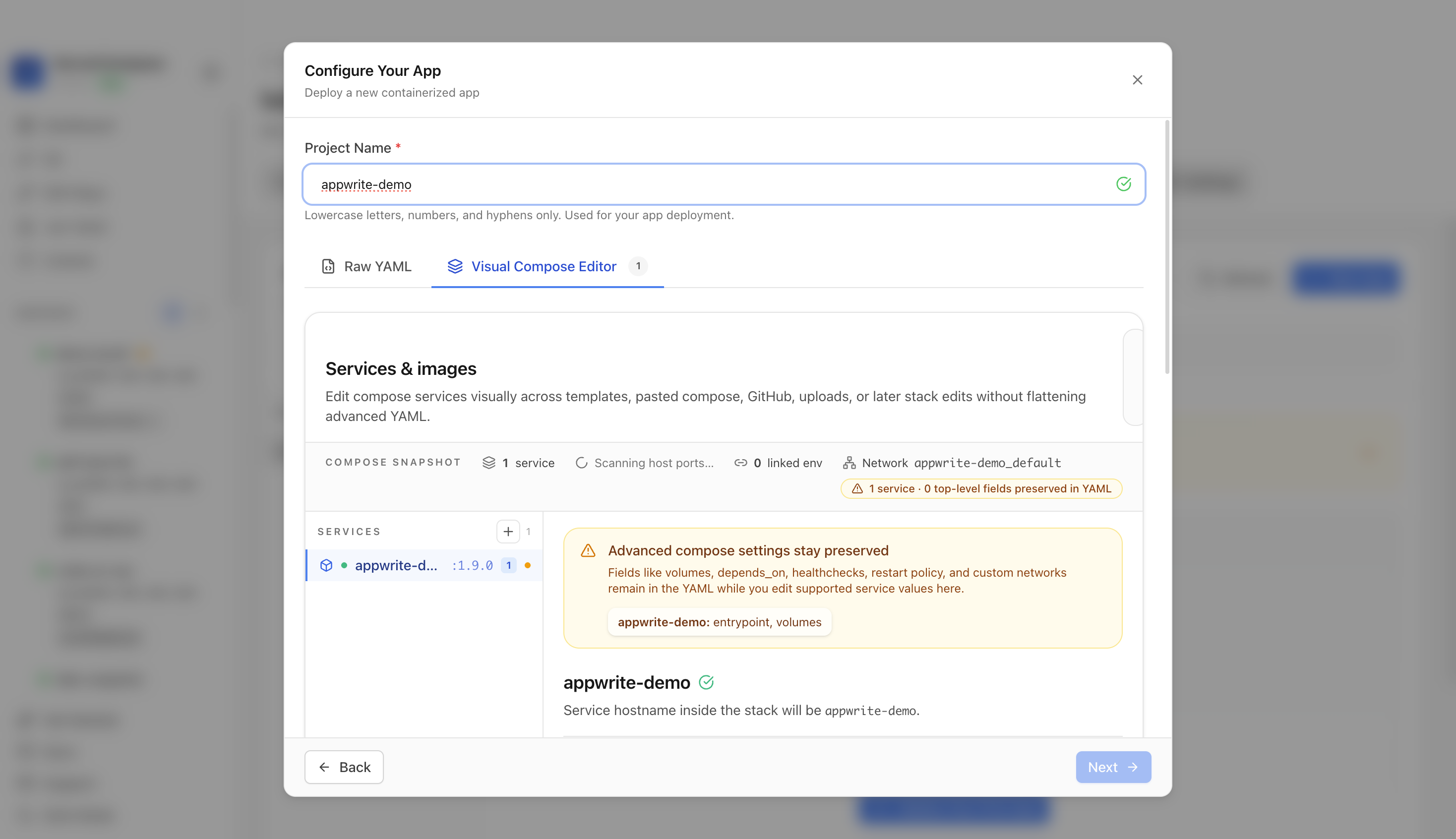 Reviewing Appwrite project settings and compose services