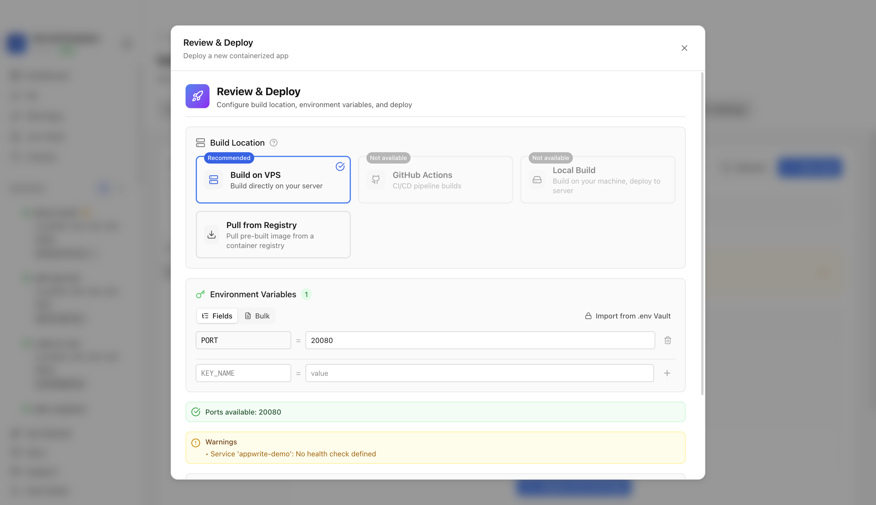 Reviewing Appwrite environment variables and port before deployment