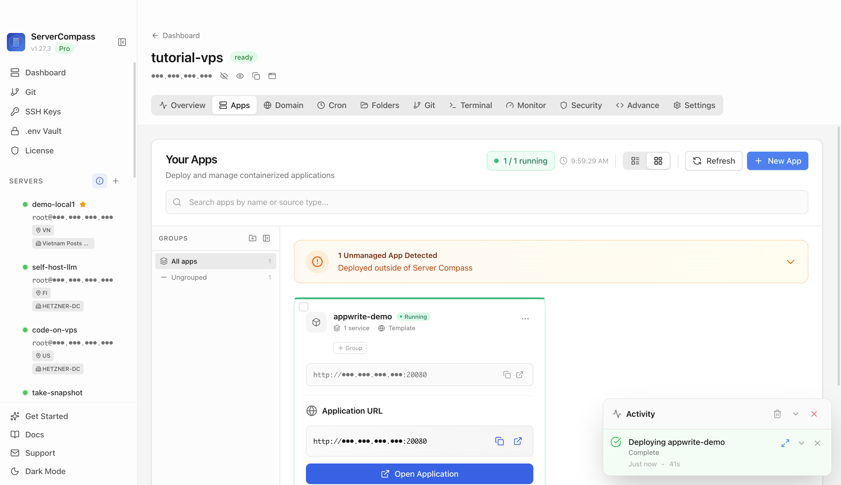 Appwrite template running in the Server Compass Apps tab