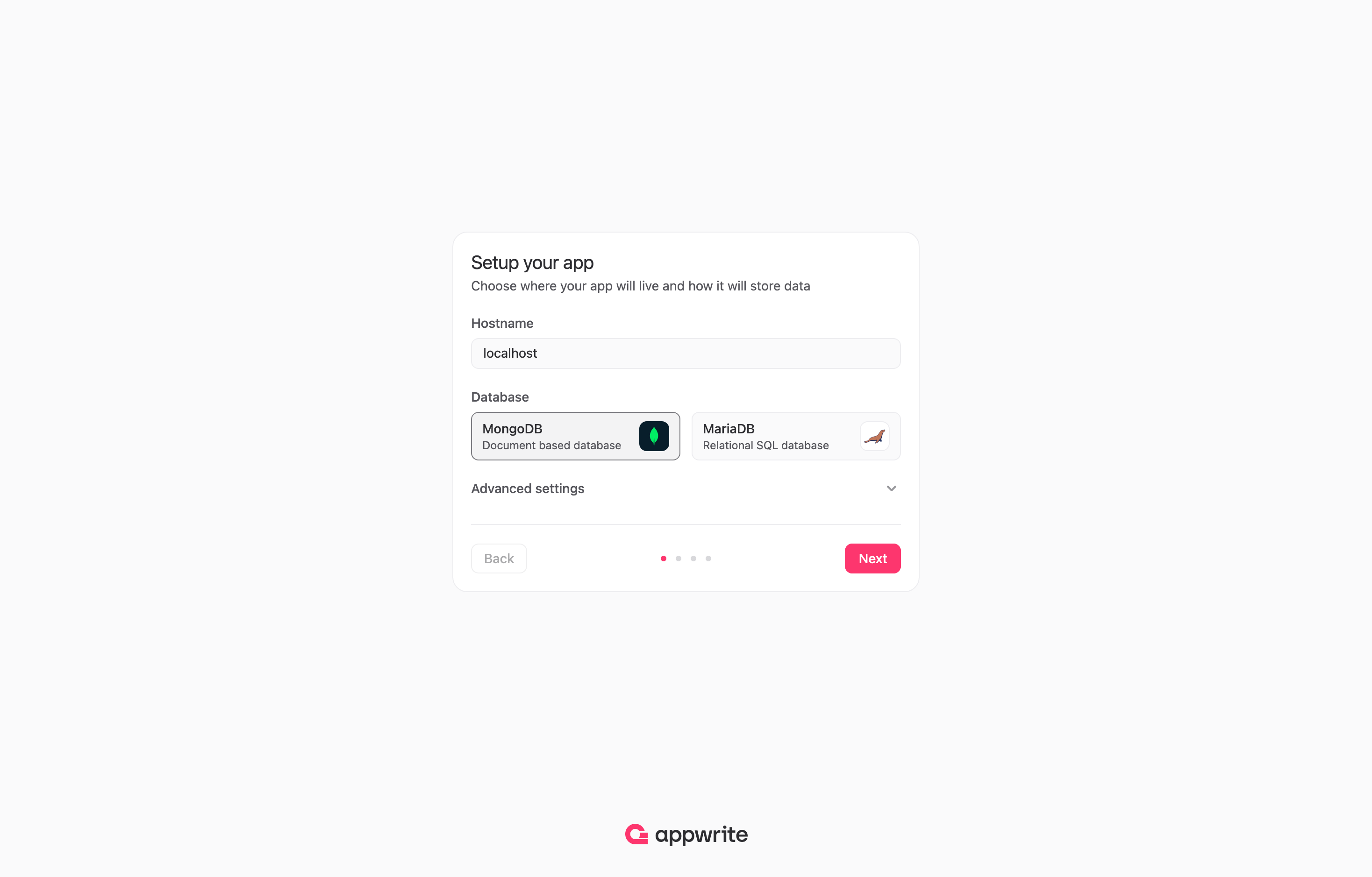 The deployed Appwrite installer wizard loaded in a browser