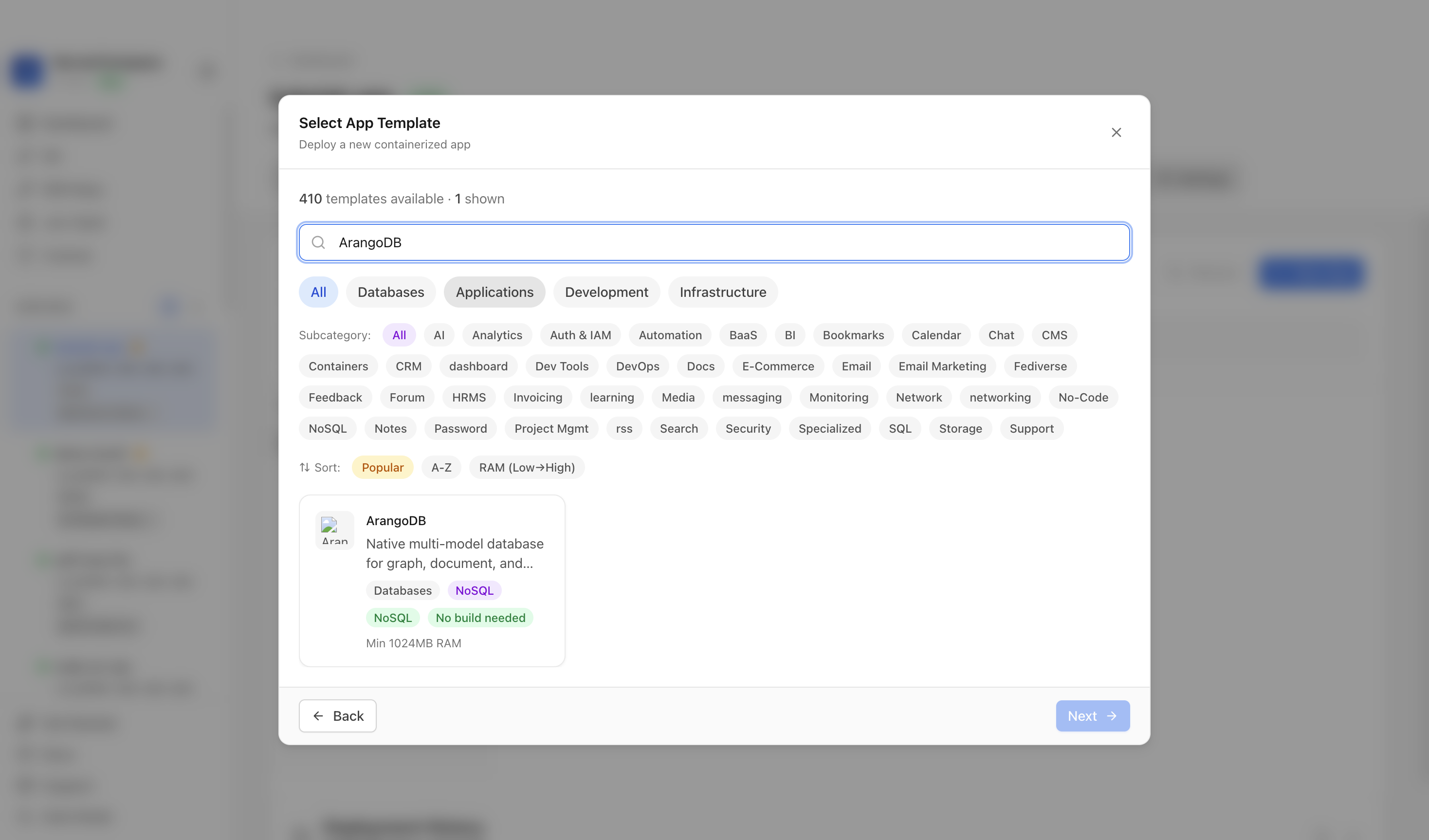 Searching for ArangoDB in the Server Compass template picker
