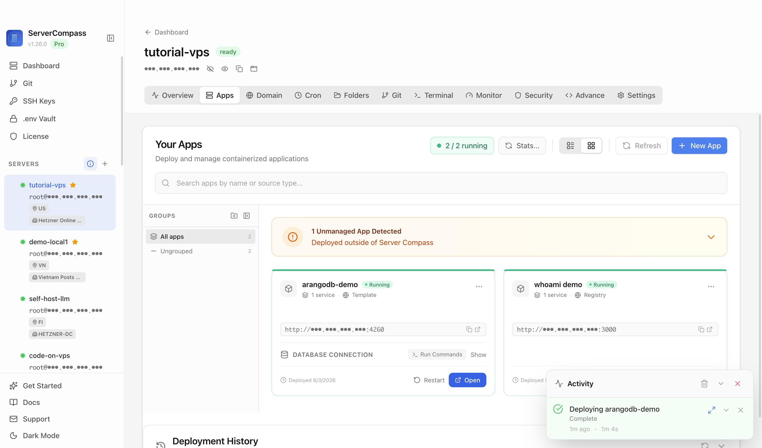 ArangoDB template running in the Server Compass Apps tab