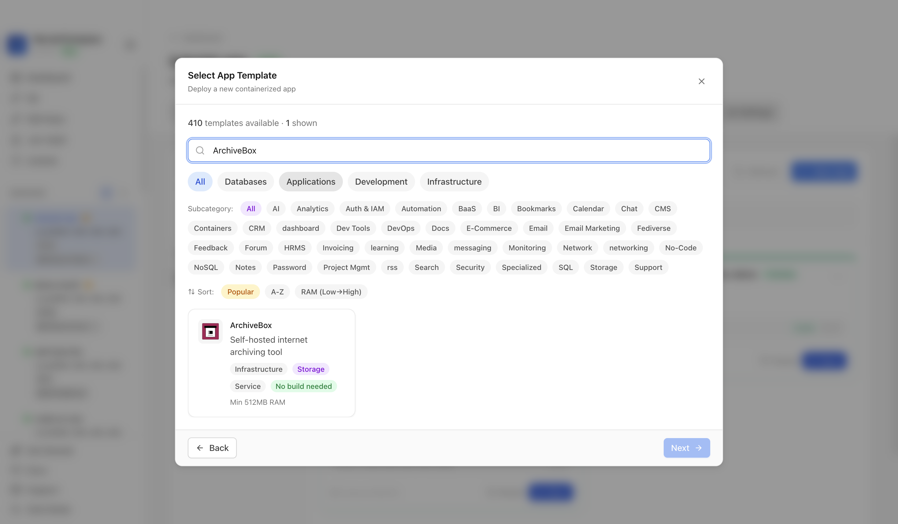 Searching for ArchiveBox in the Server Compass template picker