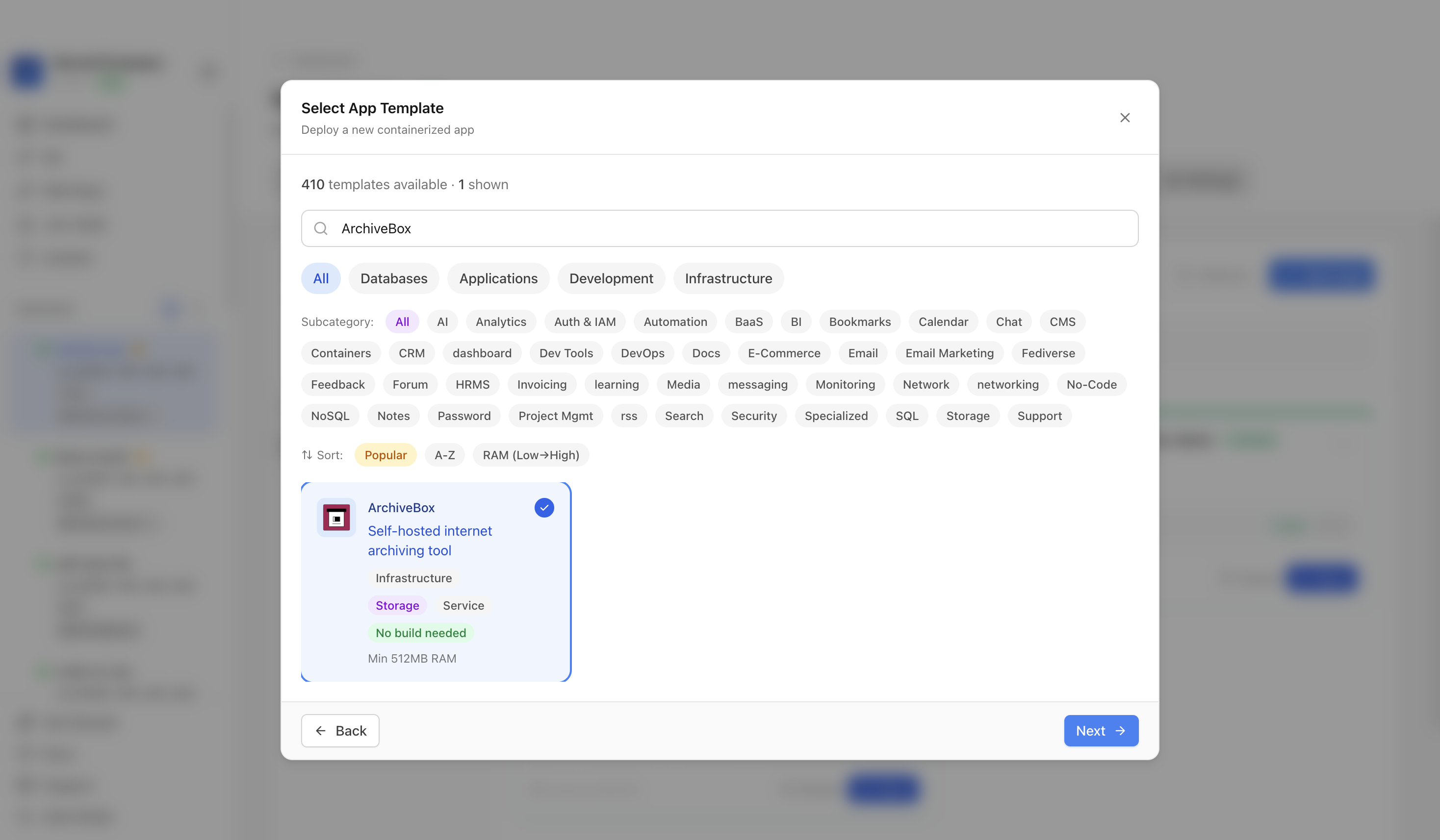 ArchiveBox template selected in Server Compass