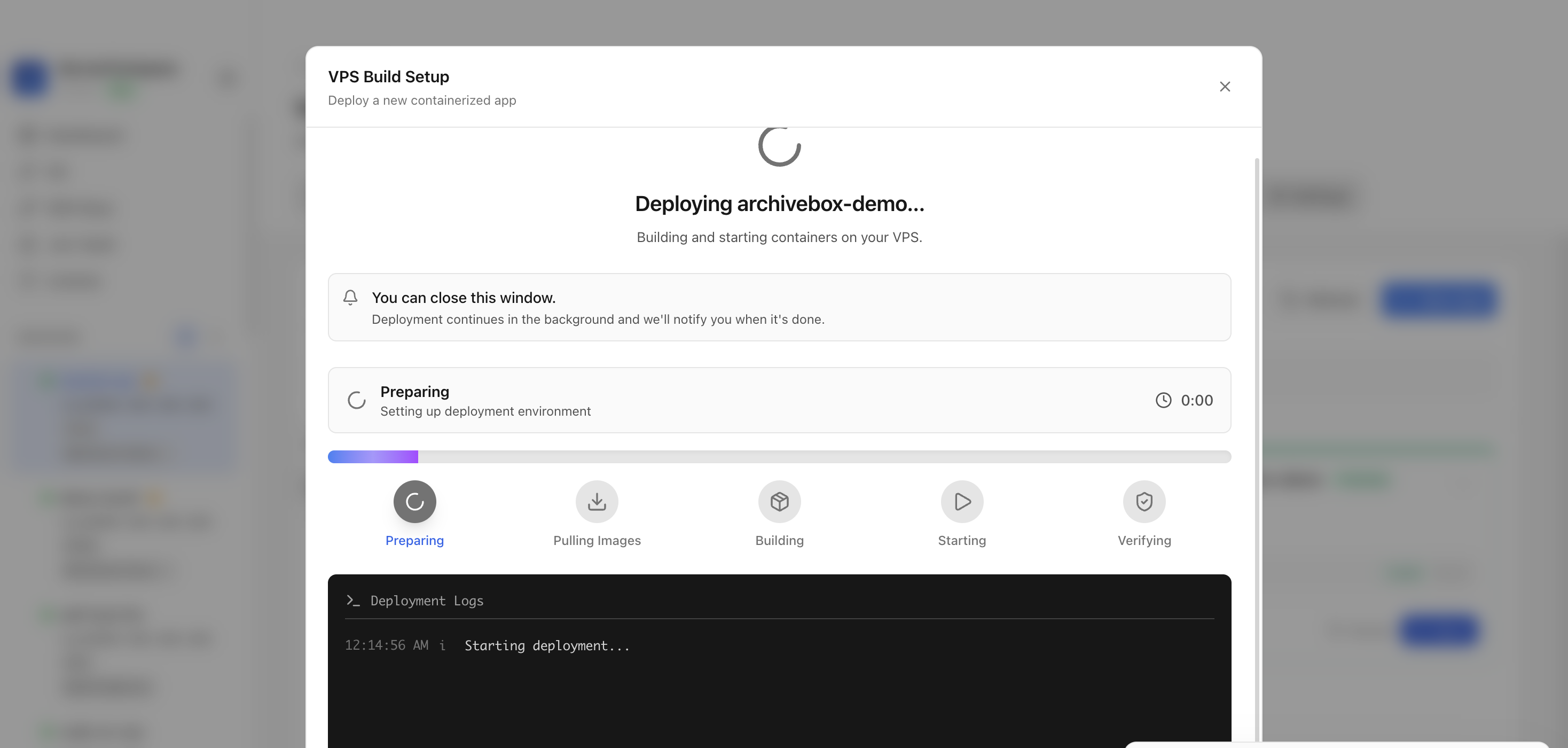 Server Compass deploying the ArchiveBox template on the VPS