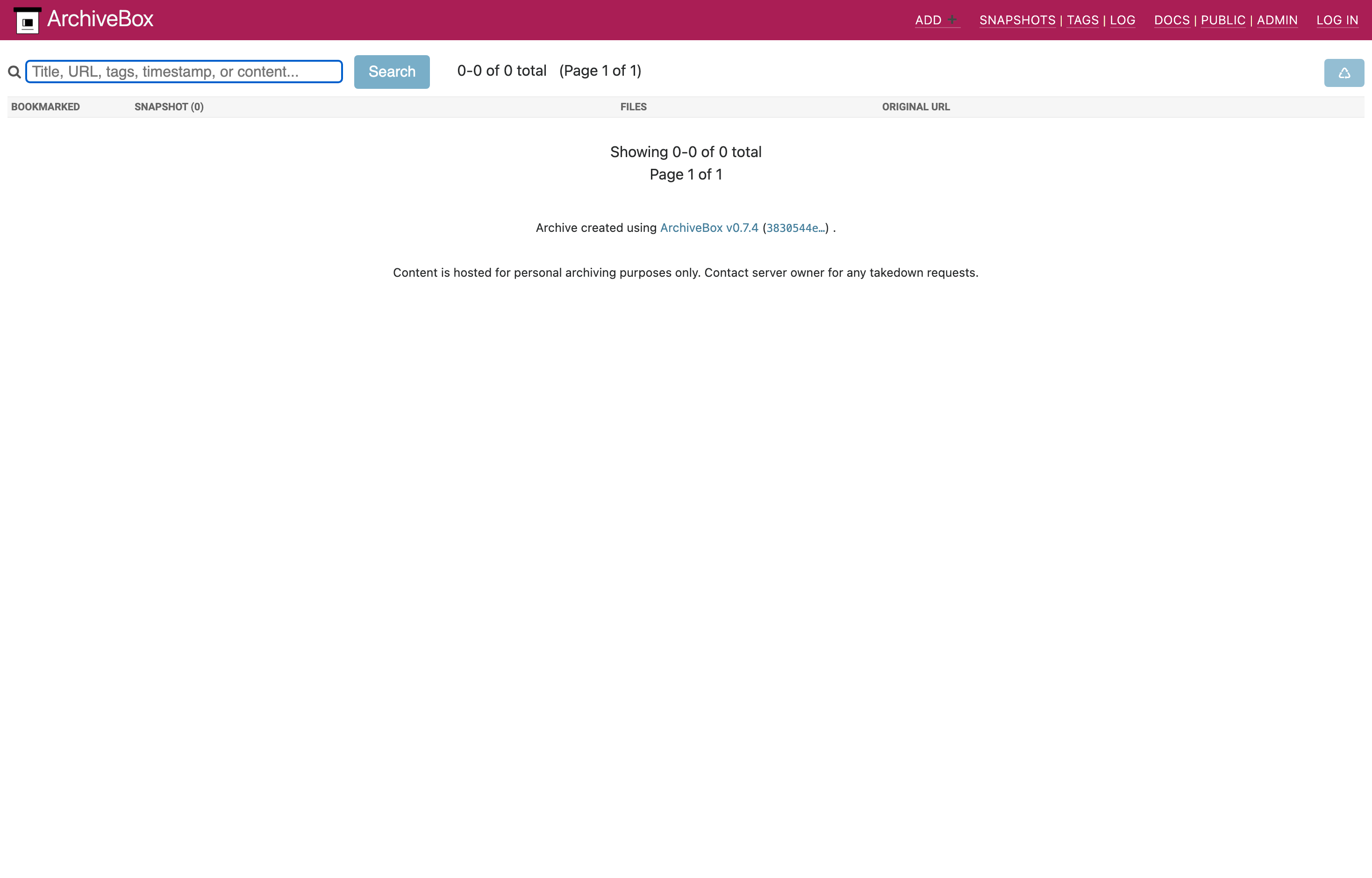The deployed ArchiveBox web UI loaded in a browser