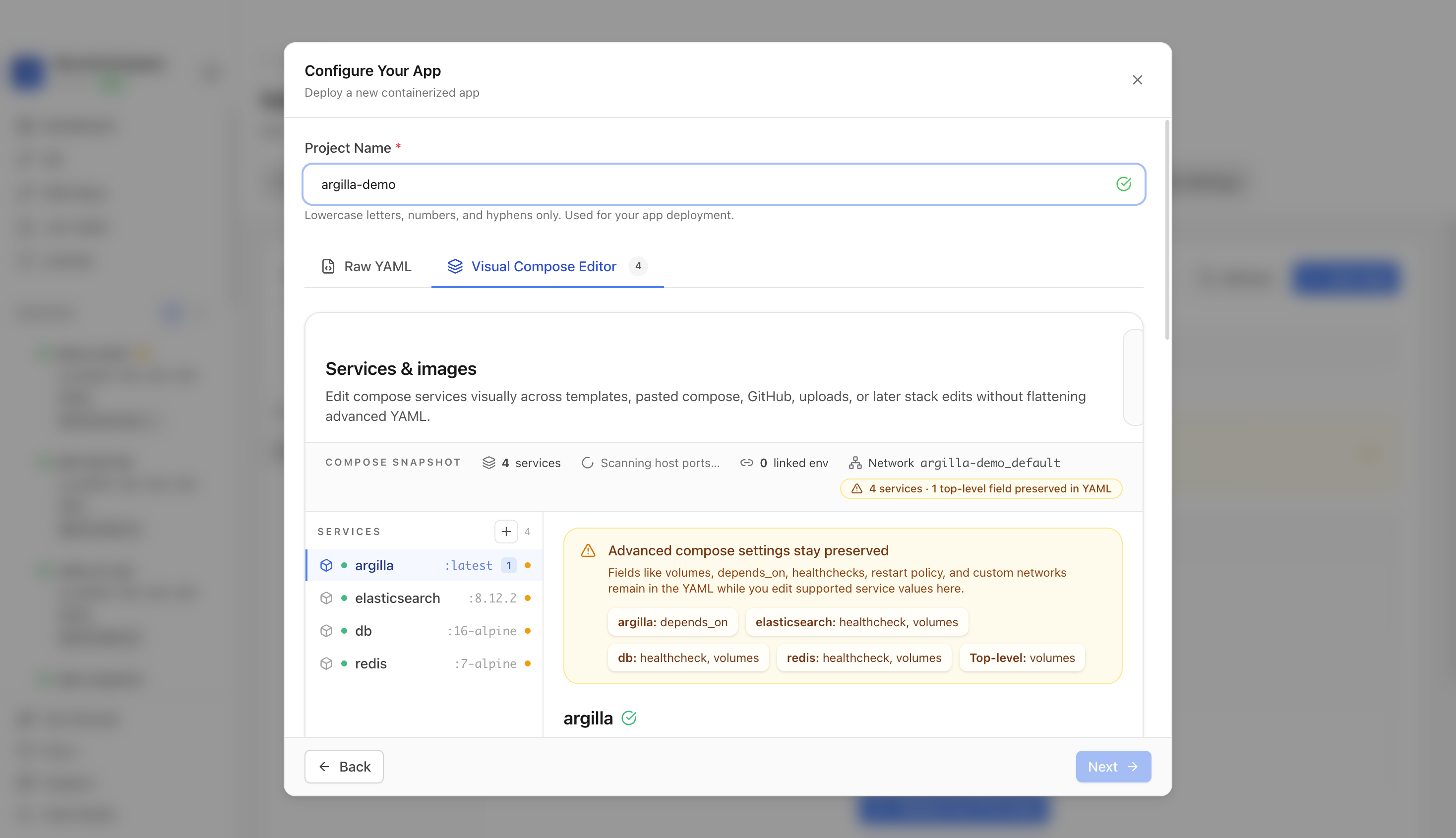 Reviewing Argilla project settings and compose services
