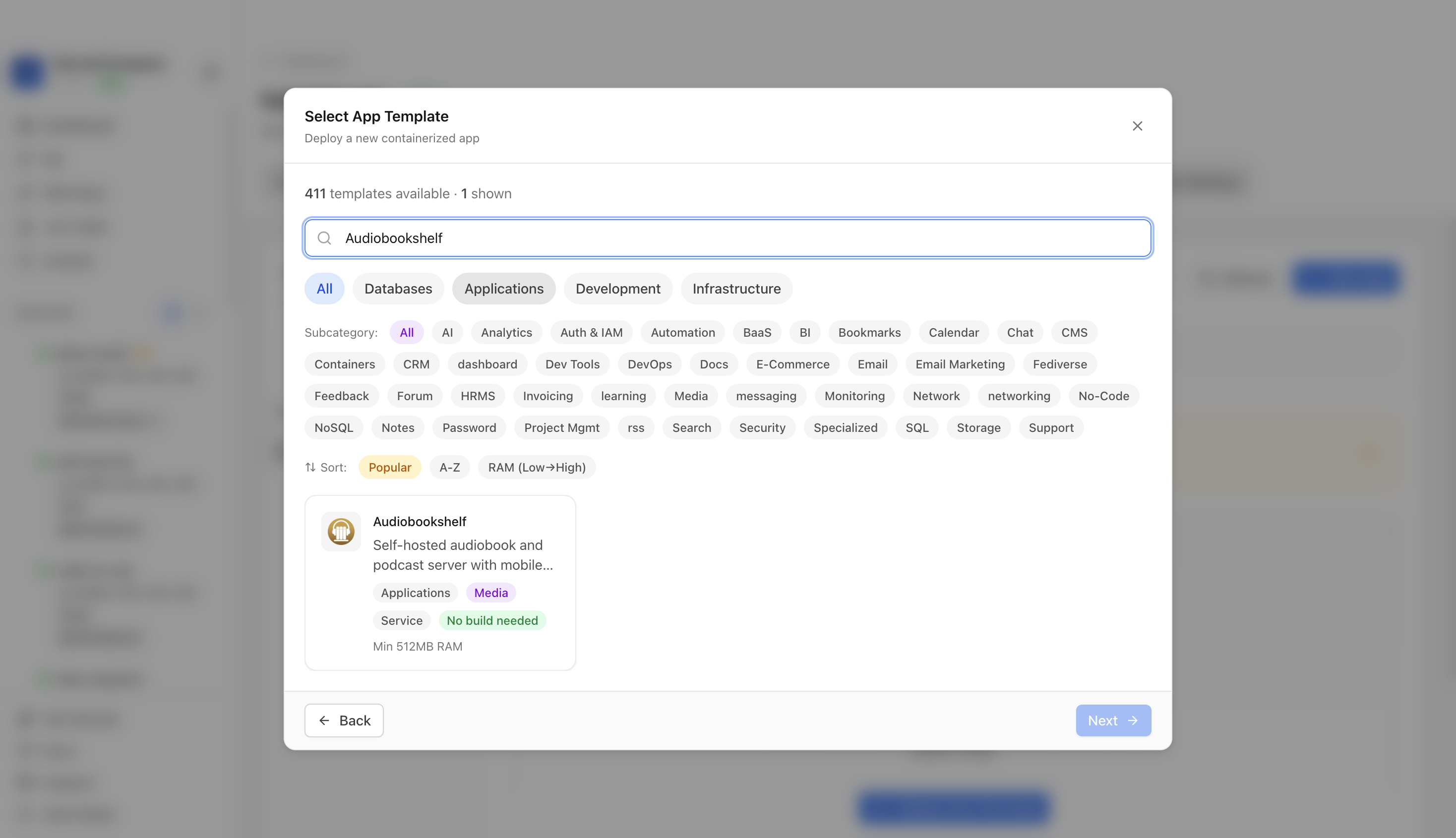 Searching for Audiobookshelf in the Server Compass template picker