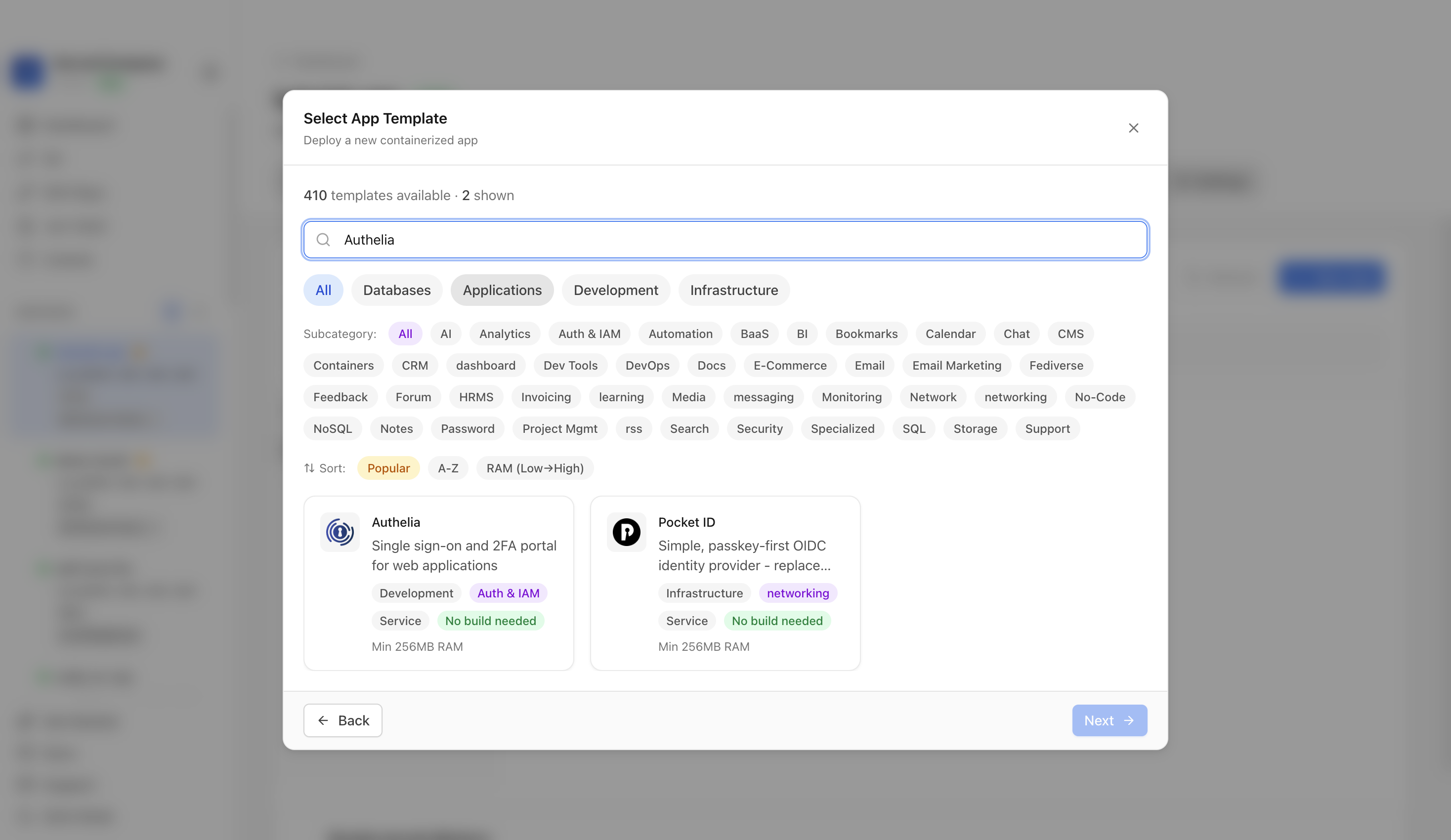 Searching for Authelia in the Server Compass template picker