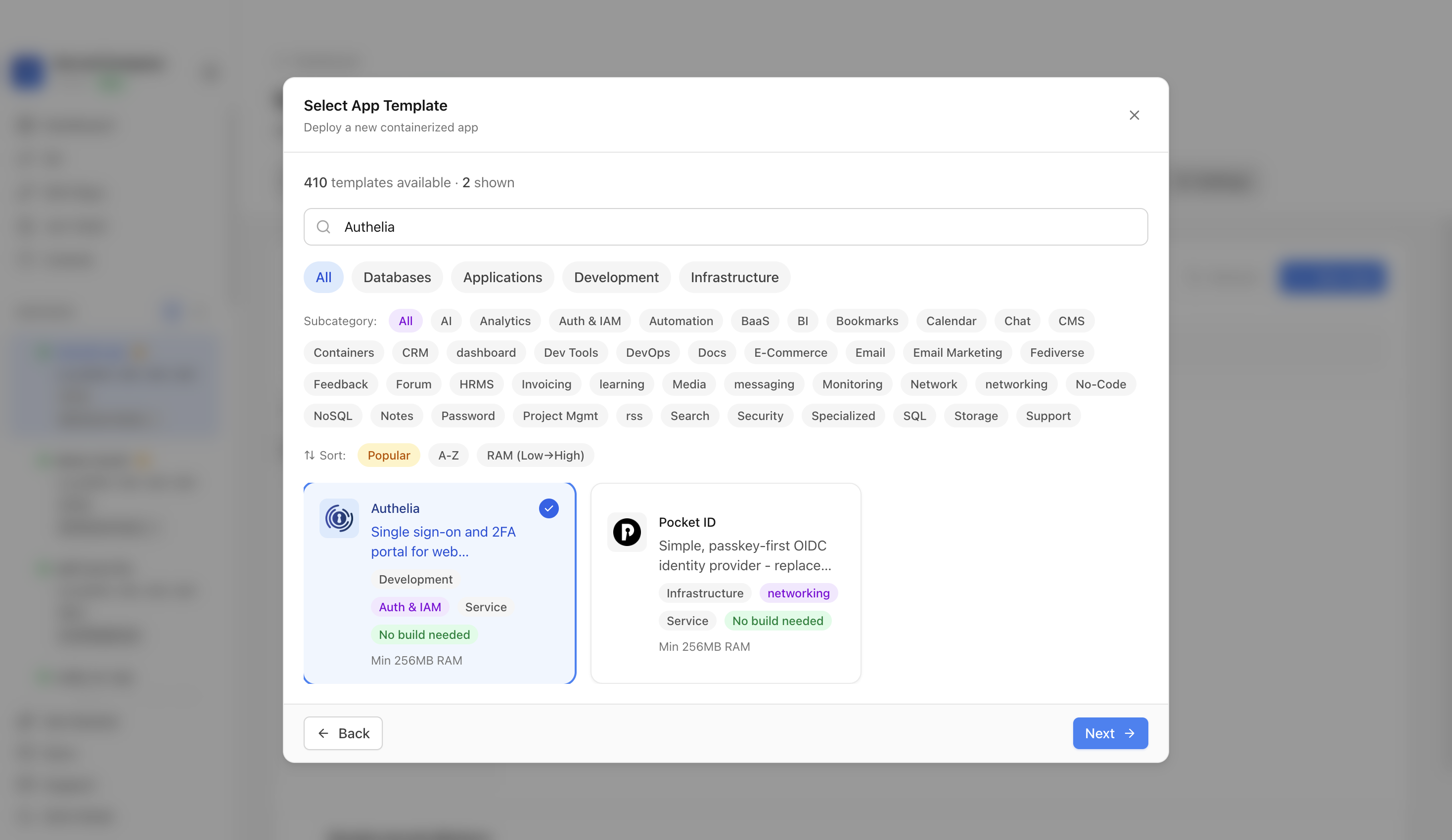 Authelia template selected in Server Compass