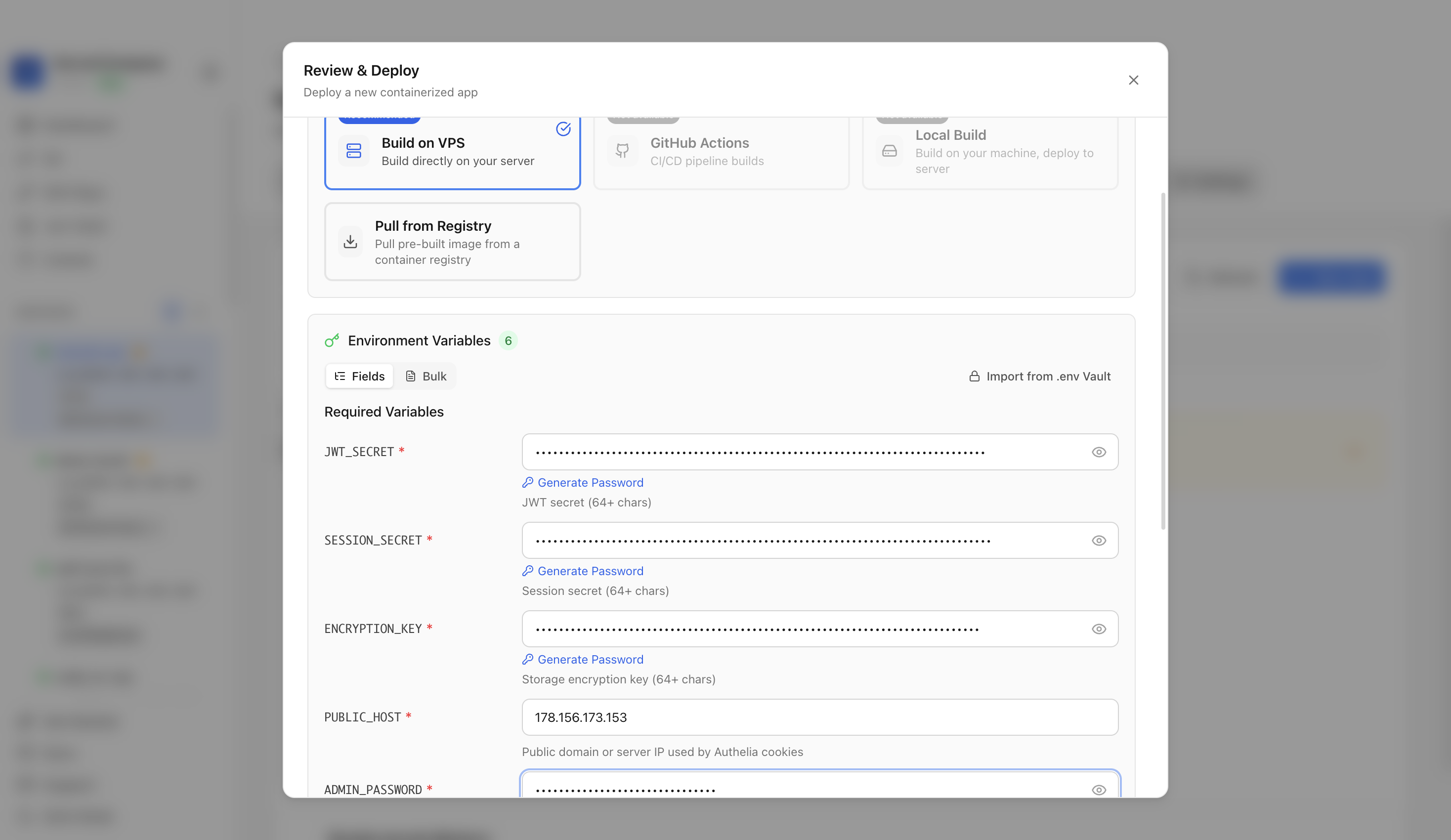 Reviewing Authelia environment variables and port before deployment