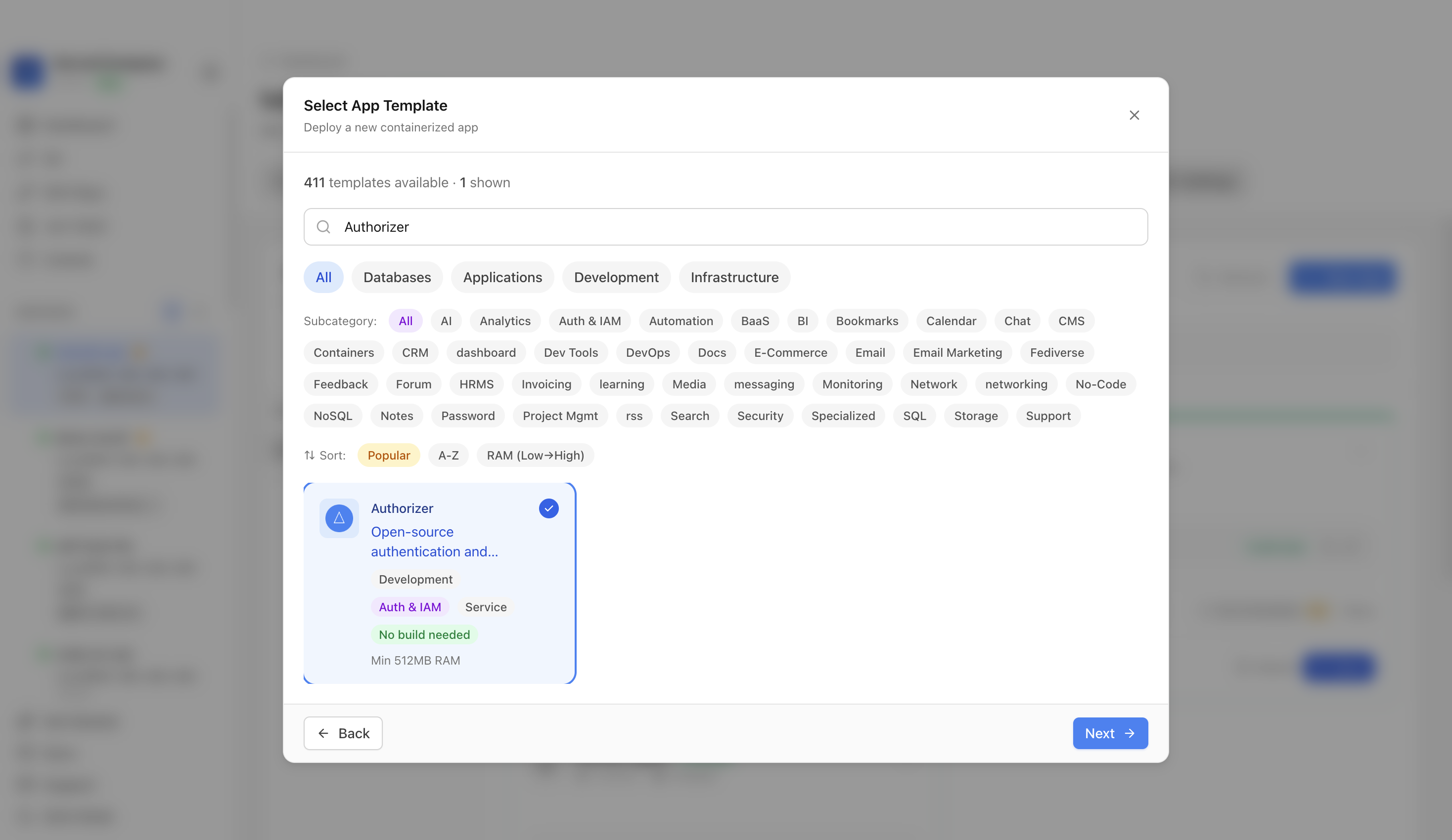 Authorizer template selected in Server Compass