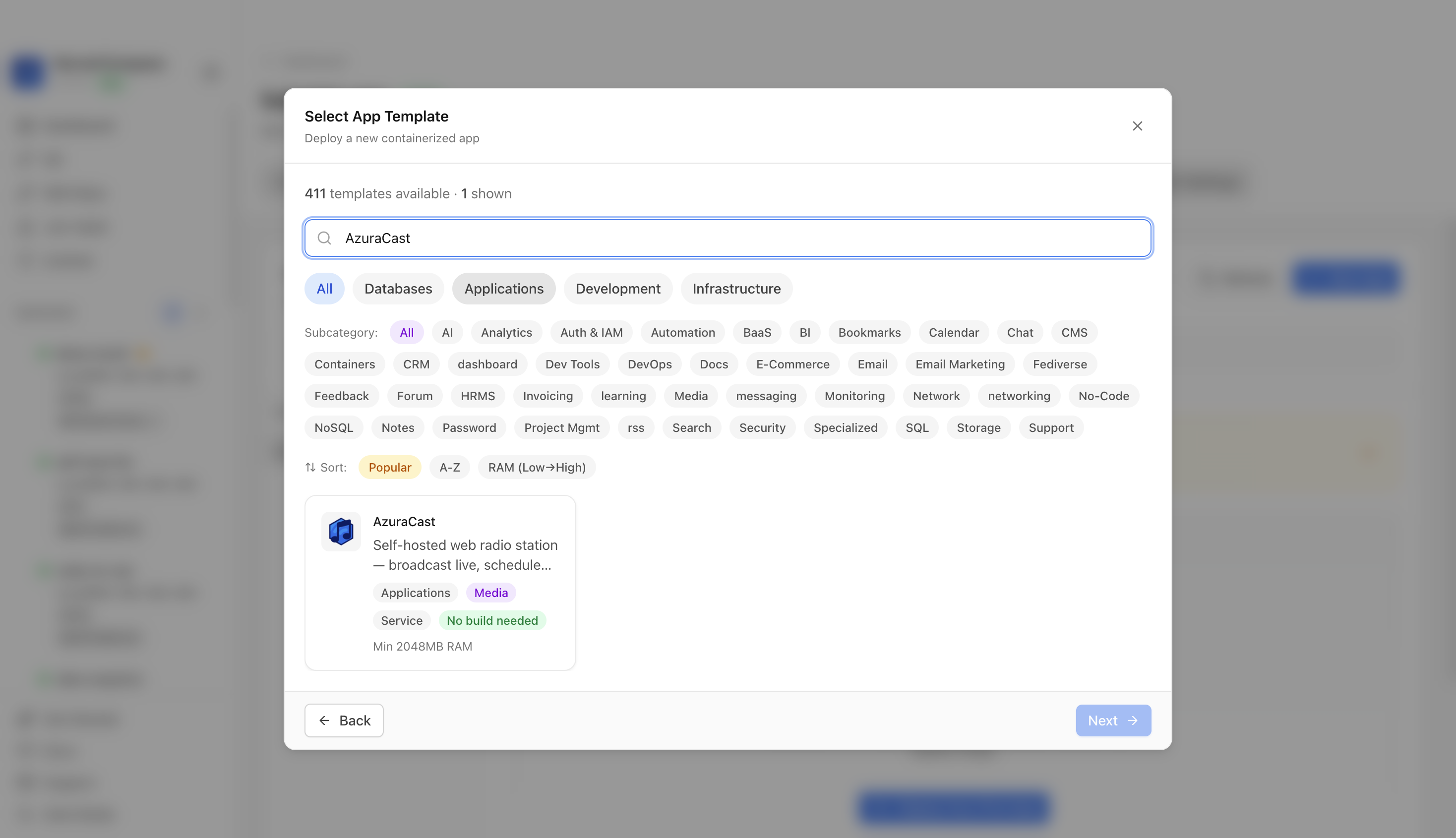 Searching for AzuraCast in the Server Compass template picker