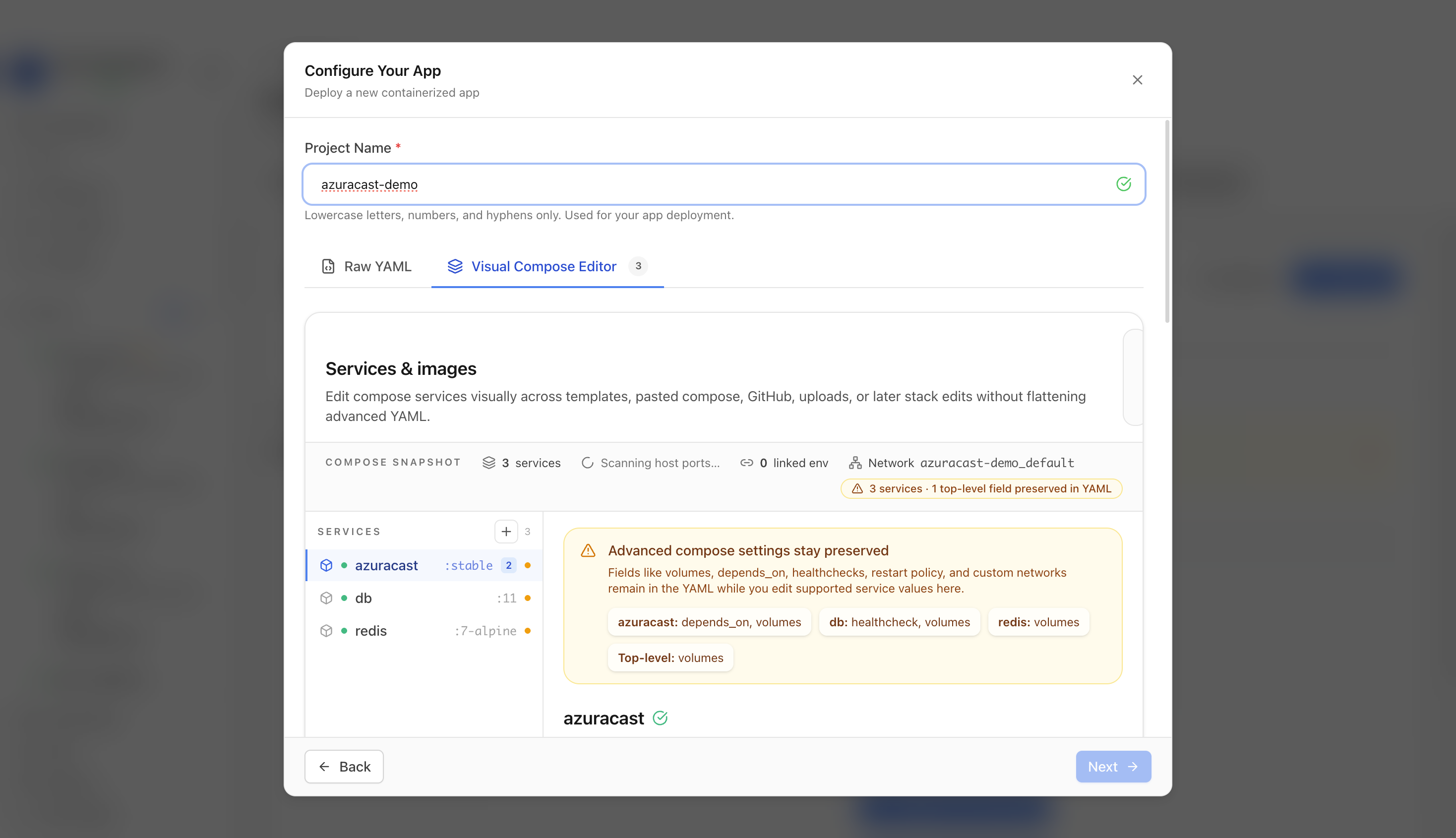 Reviewing AzuraCast project settings and compose service