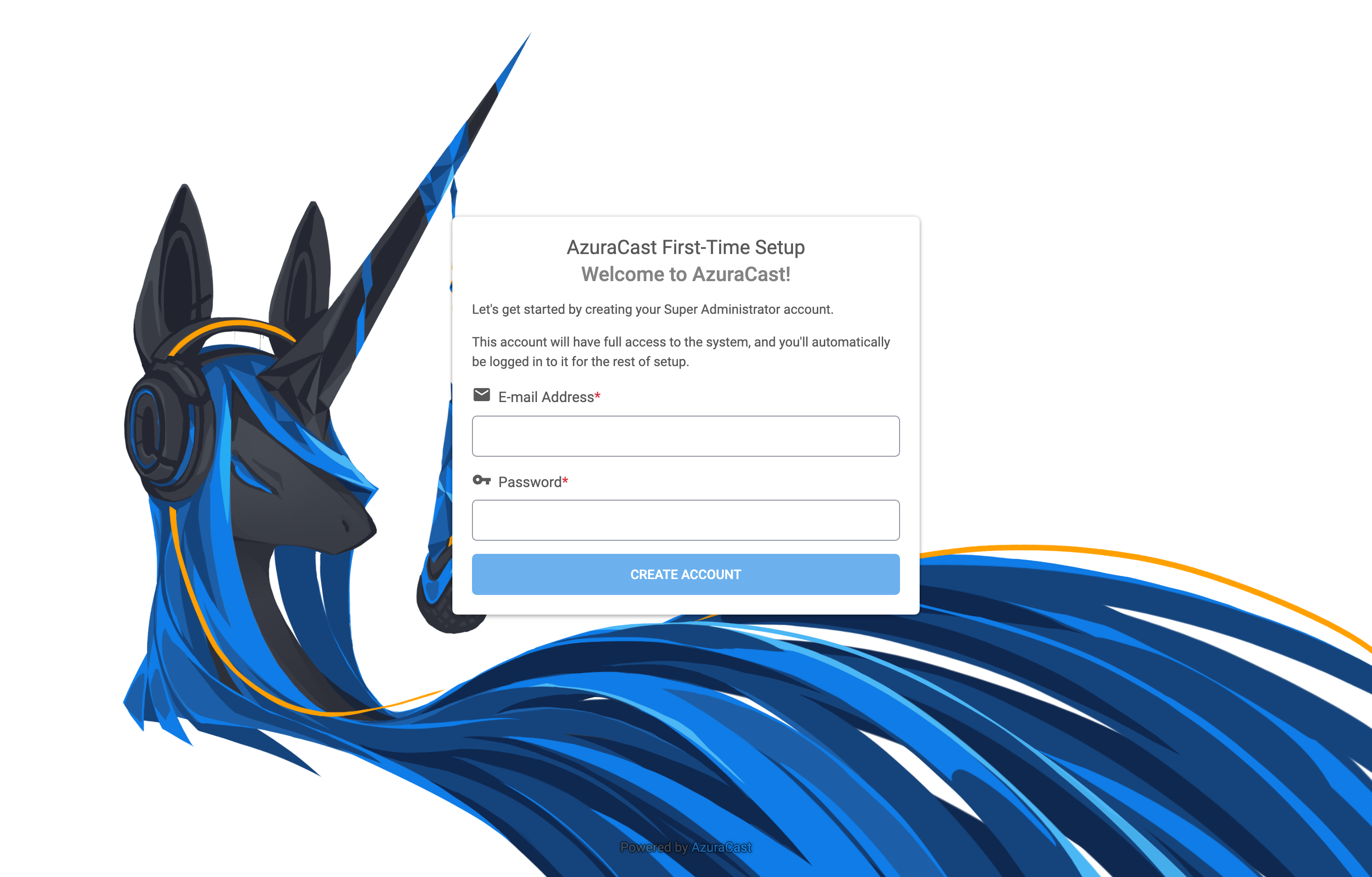 The deployed AzuraCast web UI loaded in a browser