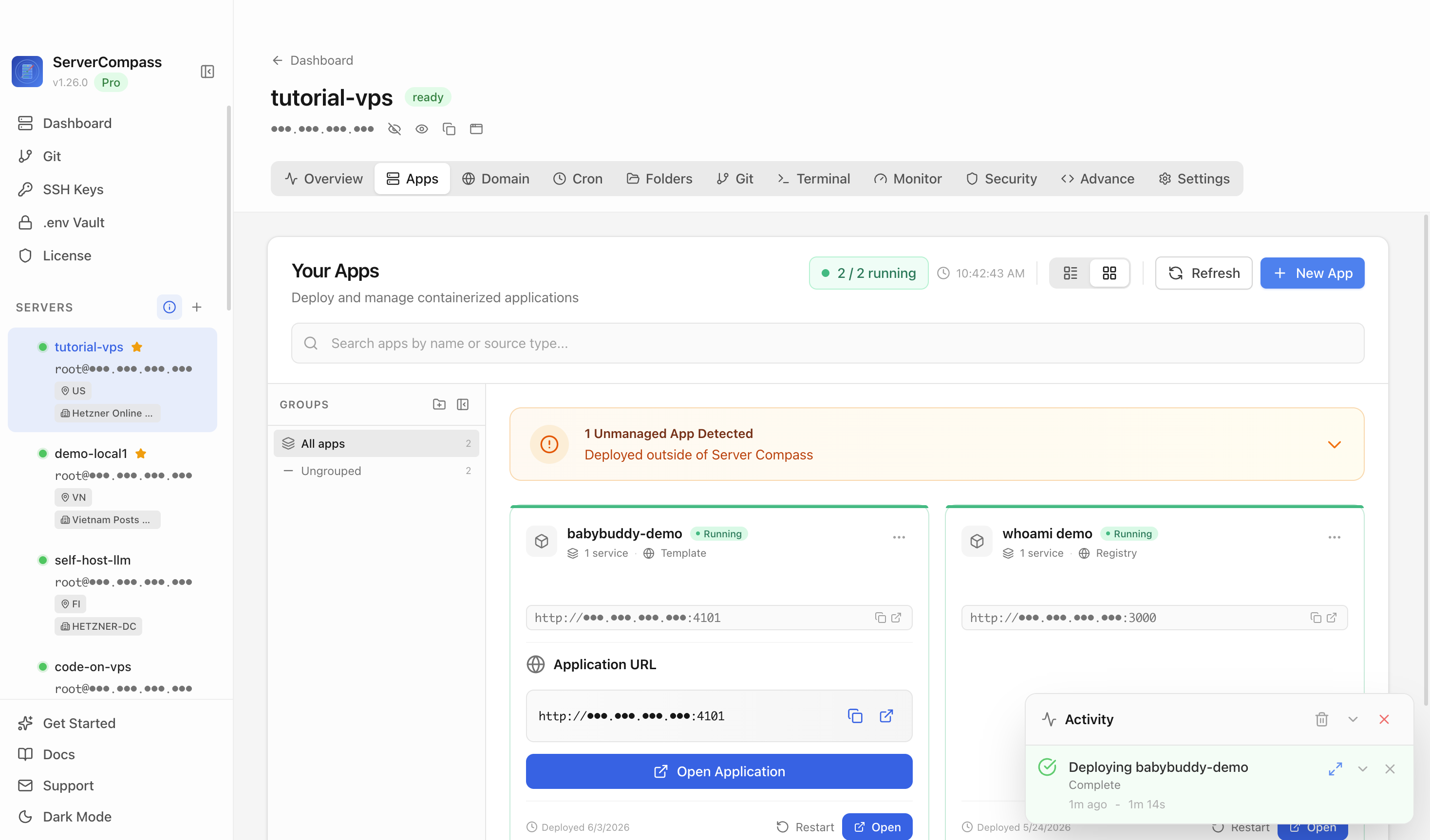 Baby Buddy template running in the Server Compass Apps tab