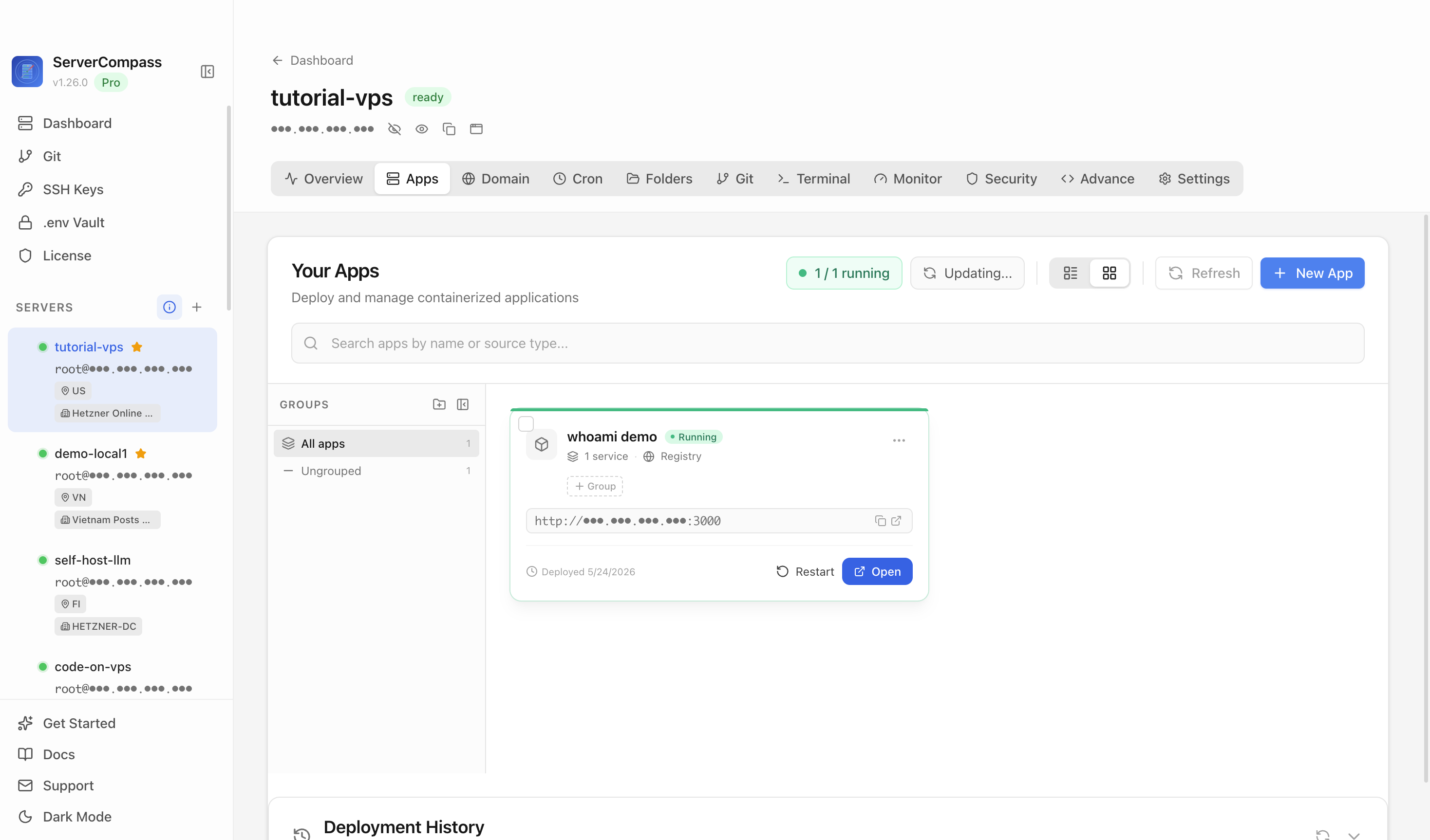 Server Compass Apps tab before creating a Backrest app