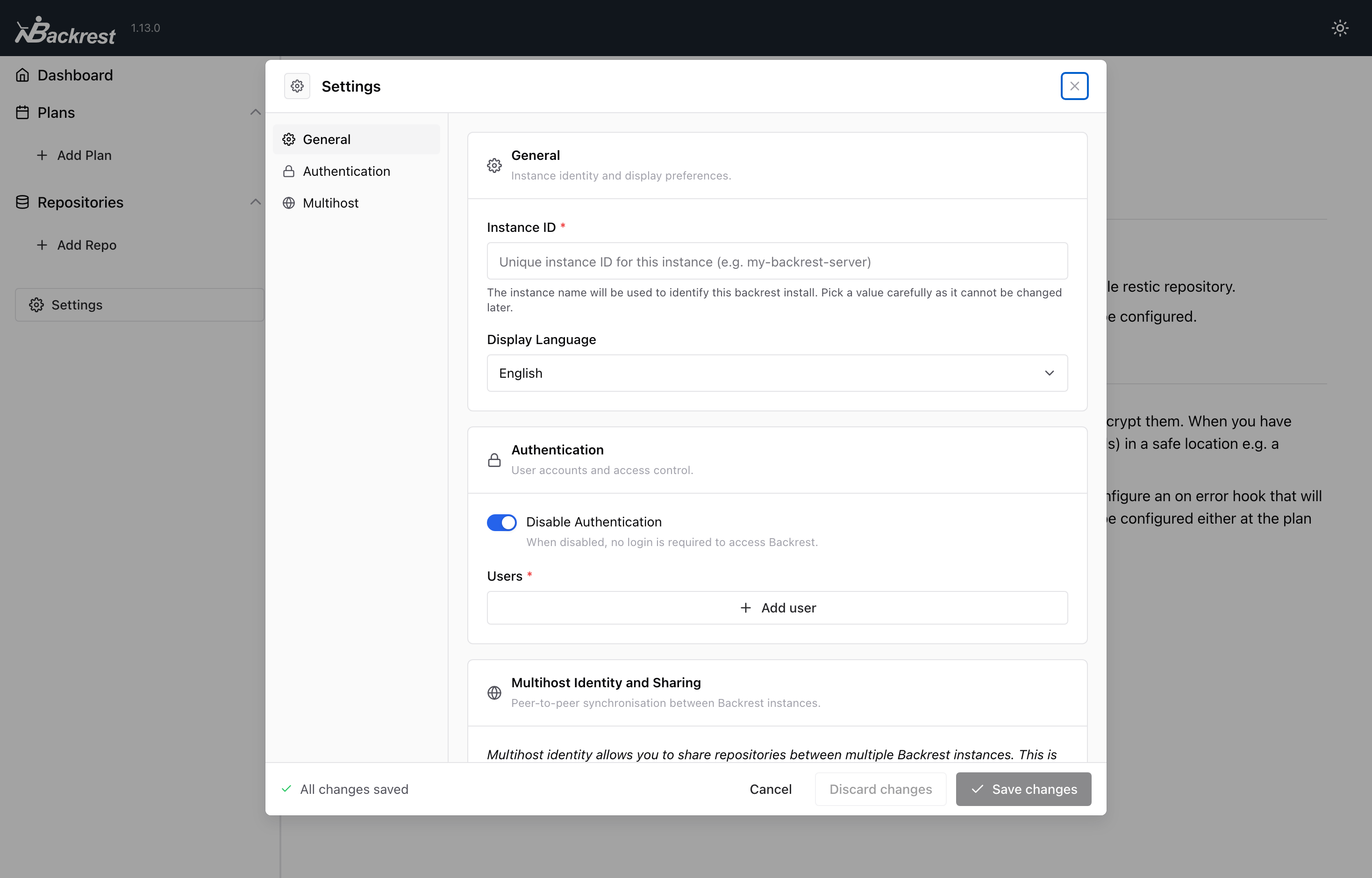 The deployed Backrest web UI loaded in a browser