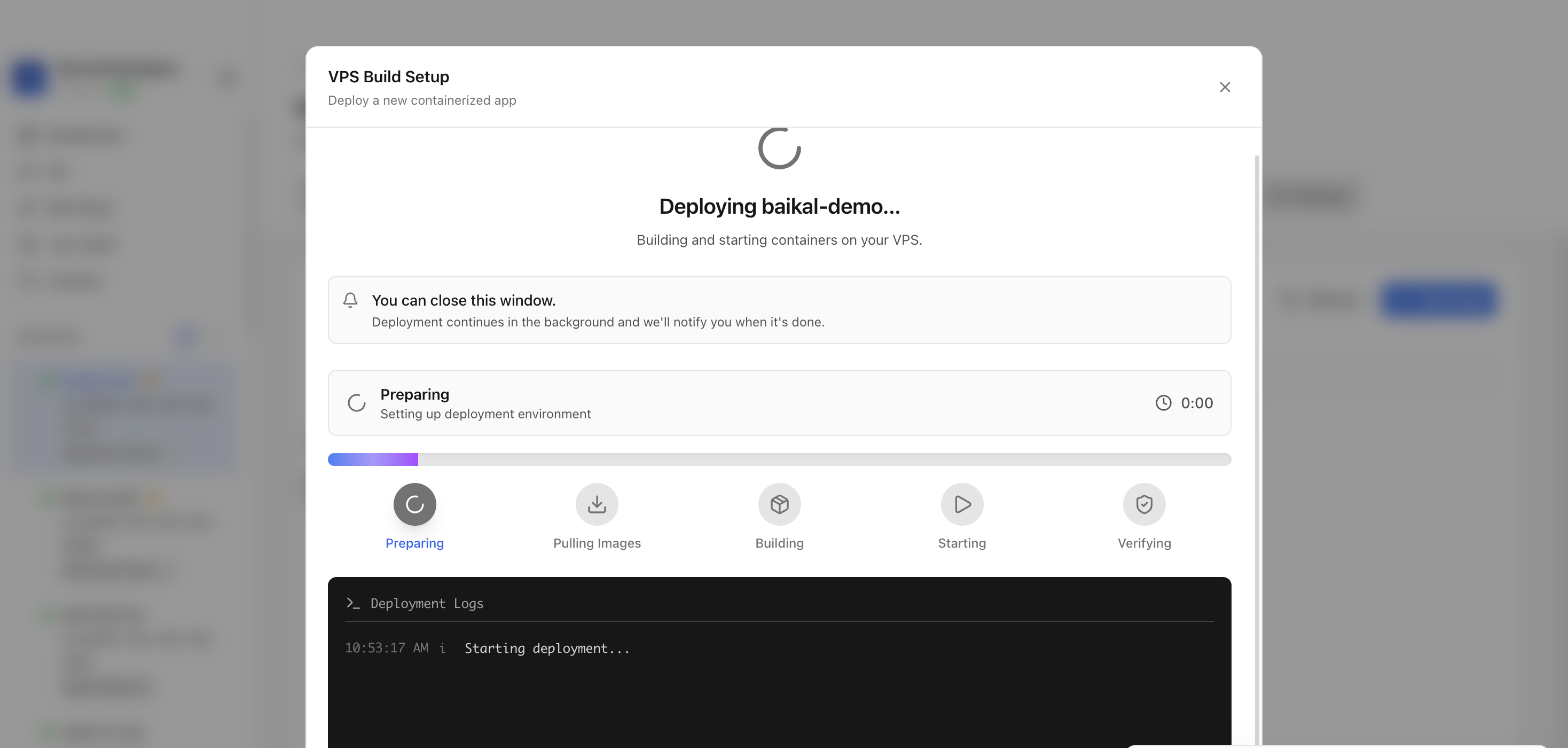 Server Compass deploying the Baikal template on the VPS