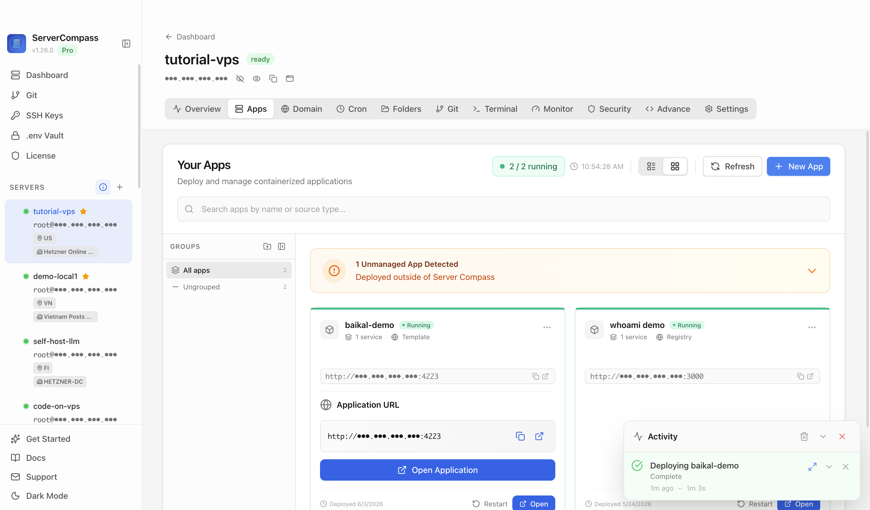Baikal template running in the Server Compass Apps tab