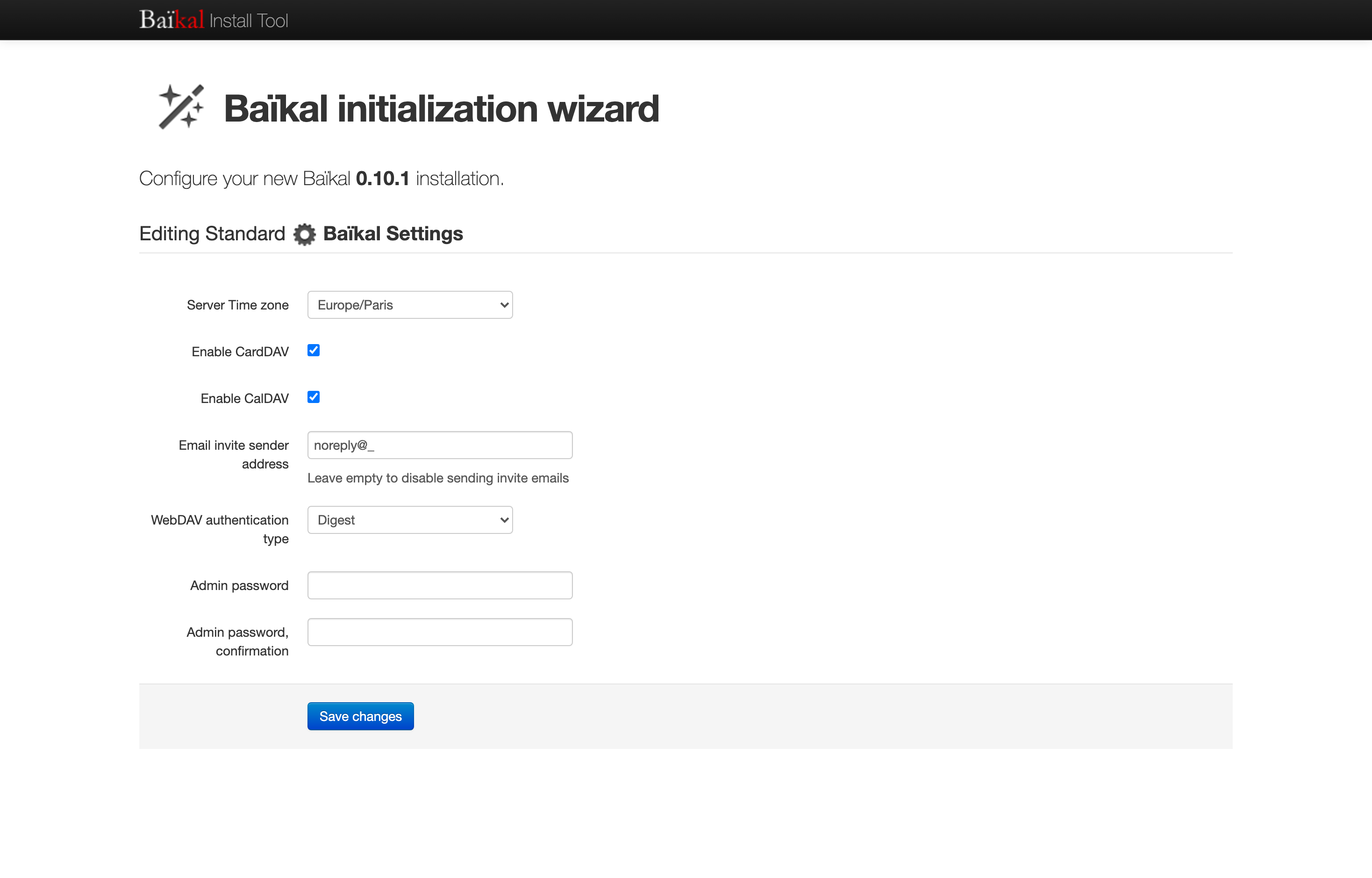 The deployed Baikal web UI loaded in a browser