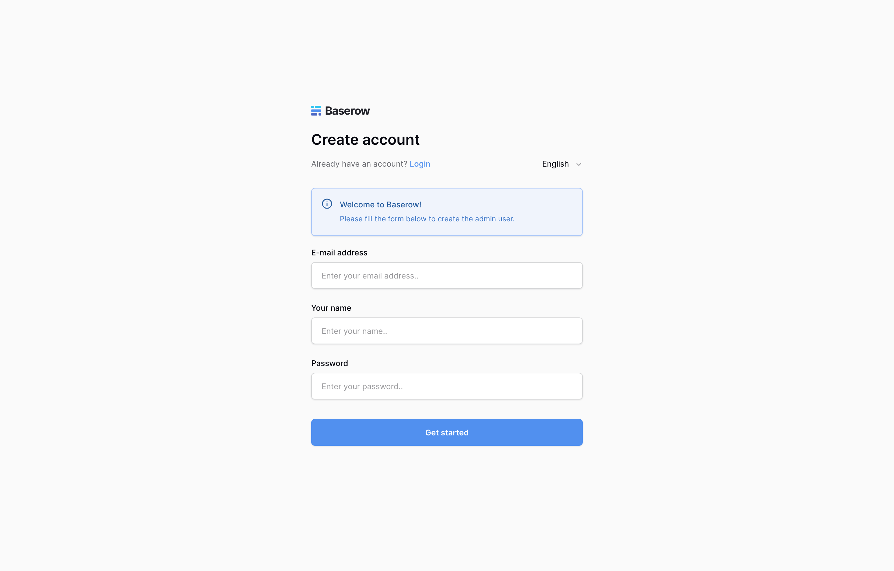 The deployed Baserow web UI loaded in a browser