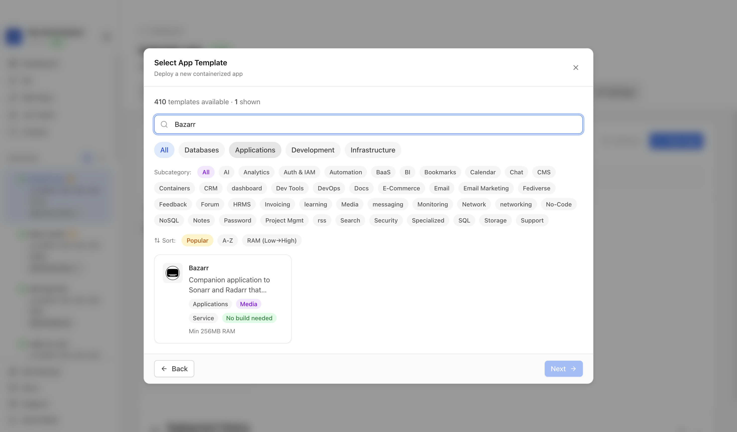 Searching for Bazarr in the Server Compass template picker